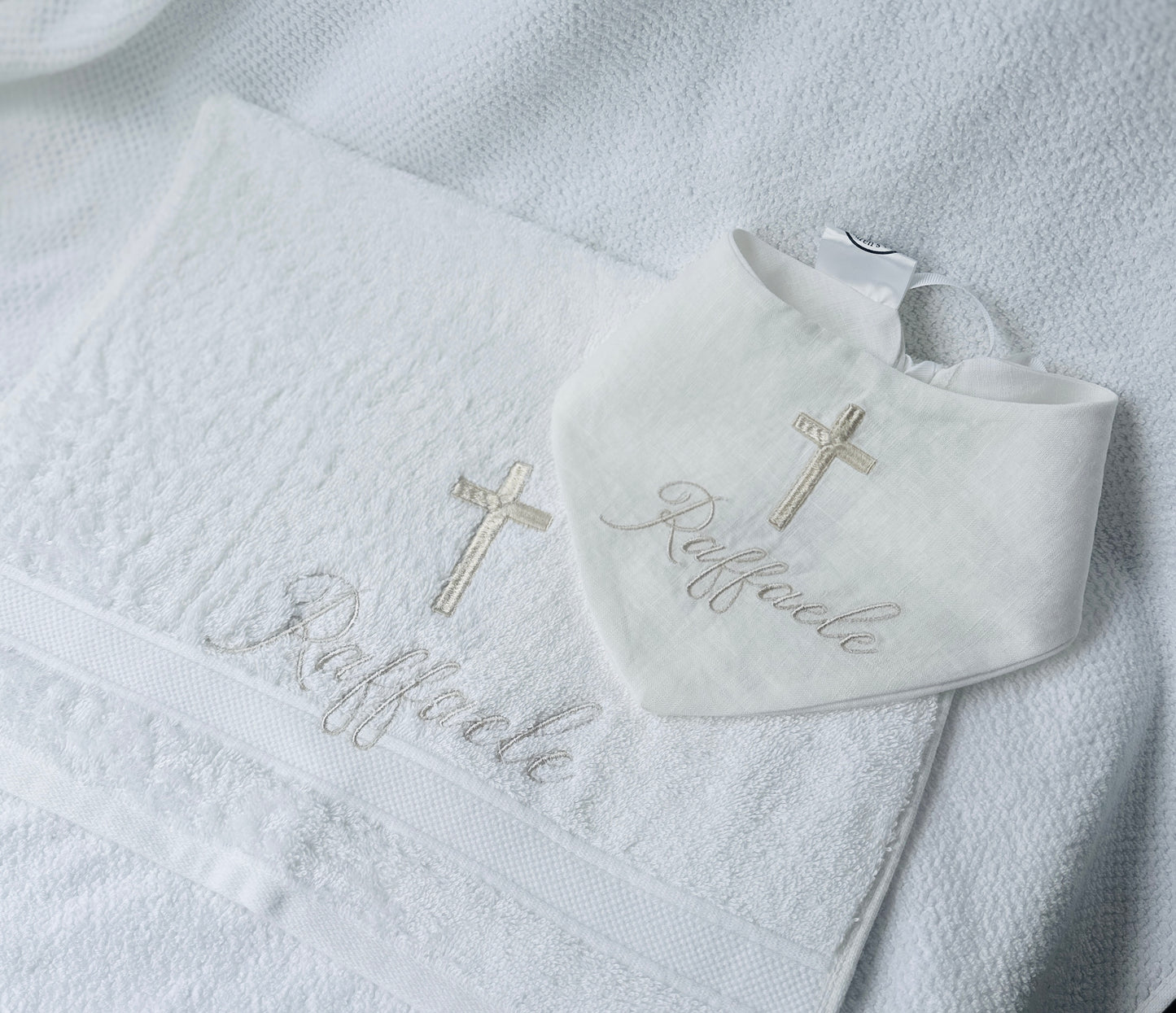 Personalised baptism christening hand towel with embroidery and optional bib