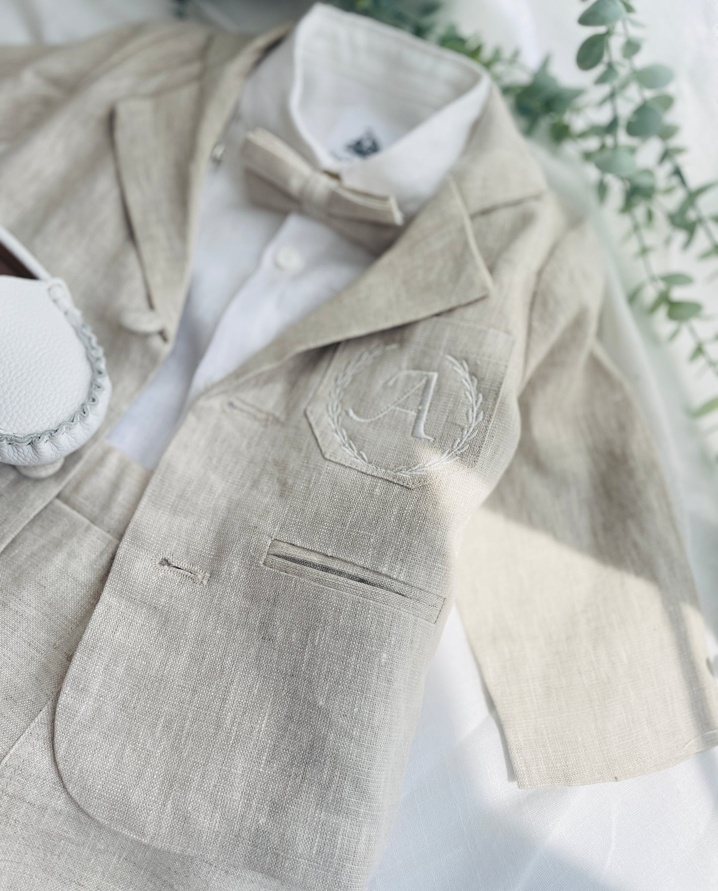 Beige linen baby and toddler boys suit with additional accessories and personalisation
