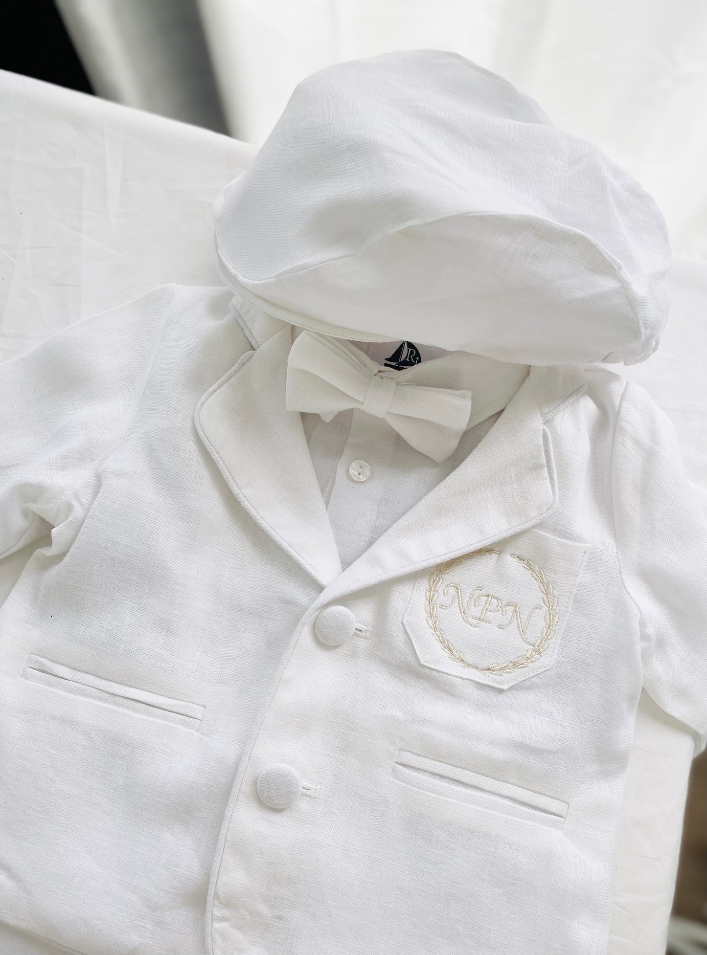 White linen Baptism suit set with pants, shirt, suspenders and bowtie plus optional extras