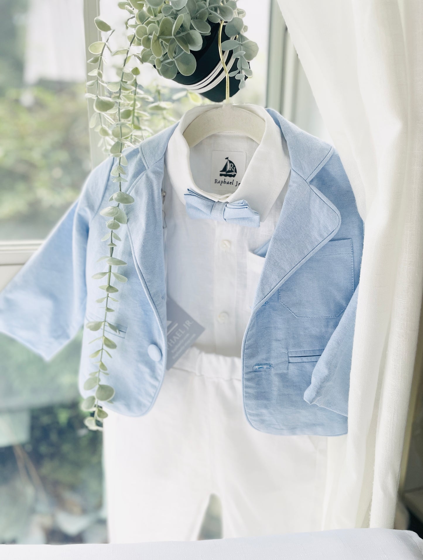 White and blue linen Baptism or Wedding Suit with Accessories and Embroidery Available