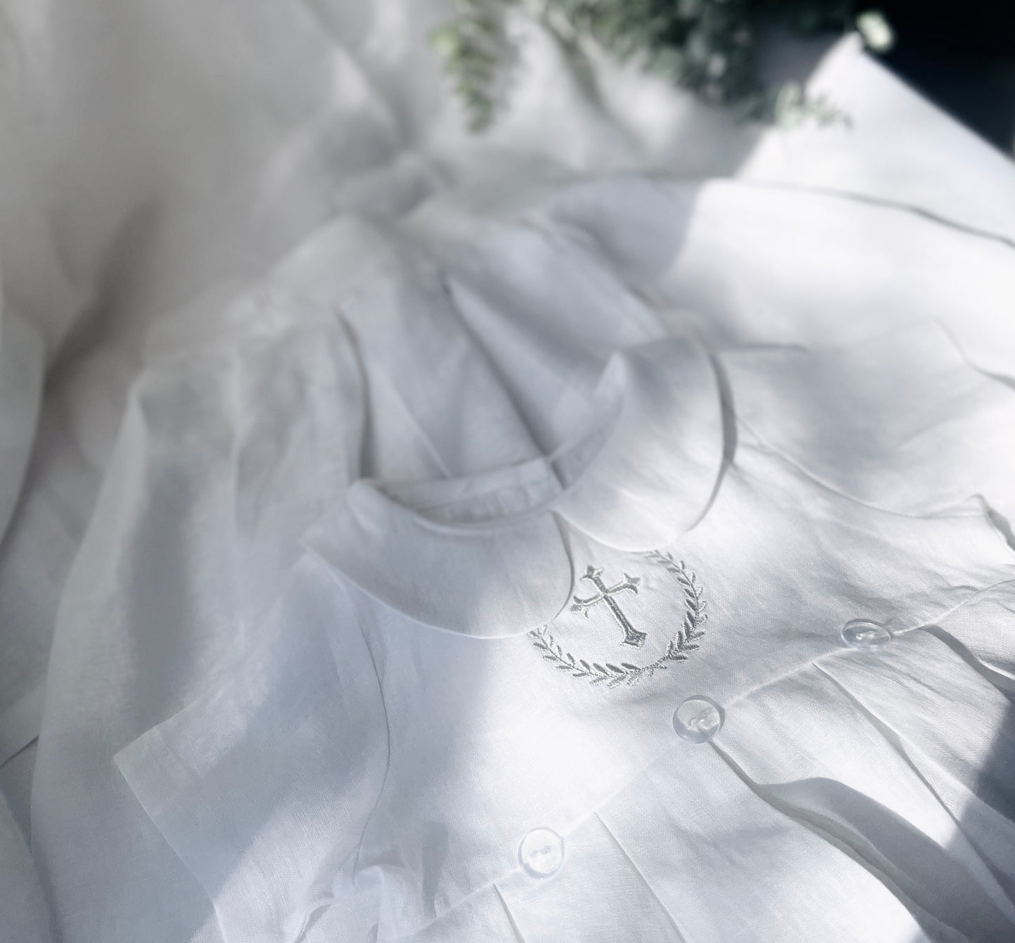White Linen Baptism Gown romper with detachable skirt dress and optional embroidery