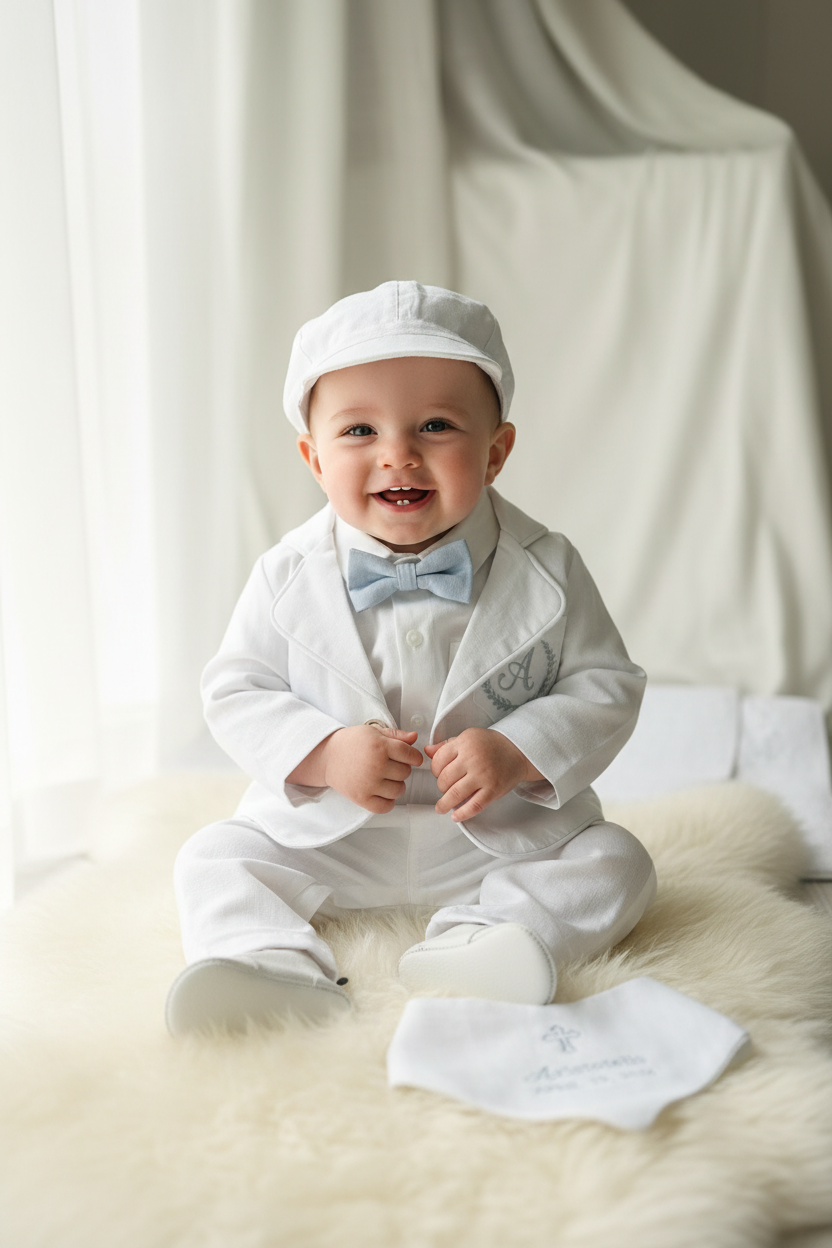 White linen Baptism suit set with pants, shirt, suspenders and bowtie plus optional jacket and extras