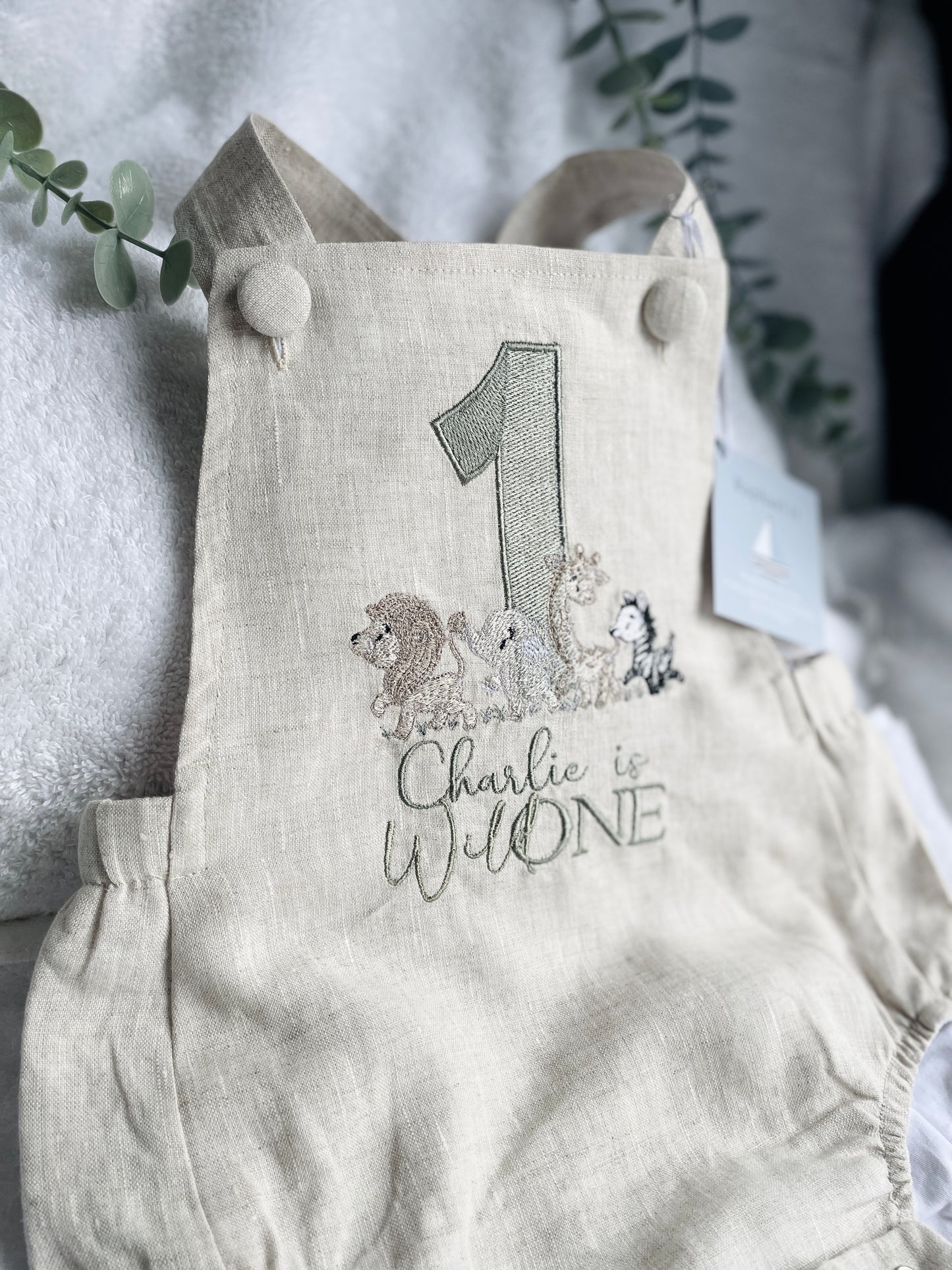 Boys Beige Linen Birthday overalls romper dungarees safari balloon fast car wild sea themes