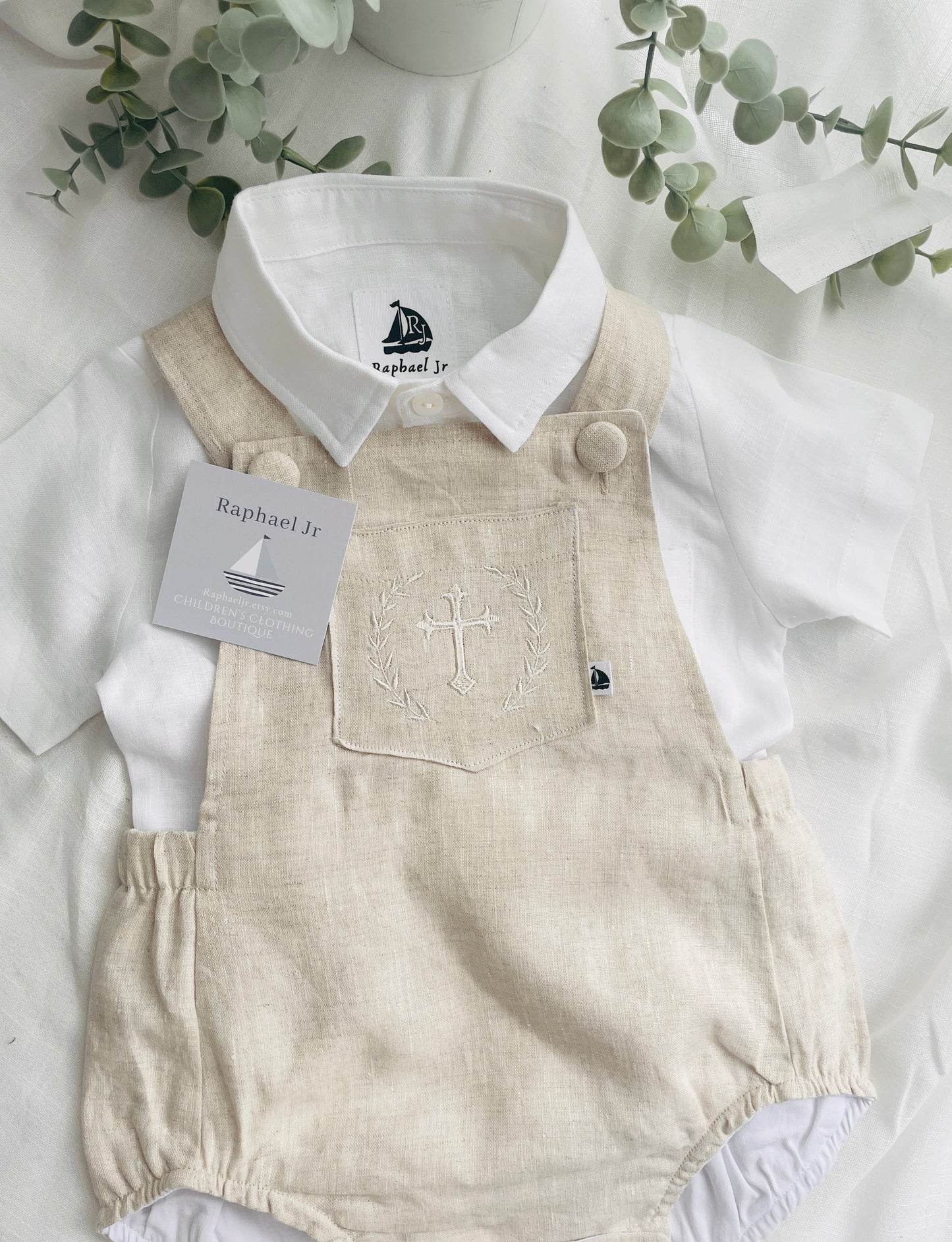 Baby and Toddler boys beige and white linen baptism romper and shirt set