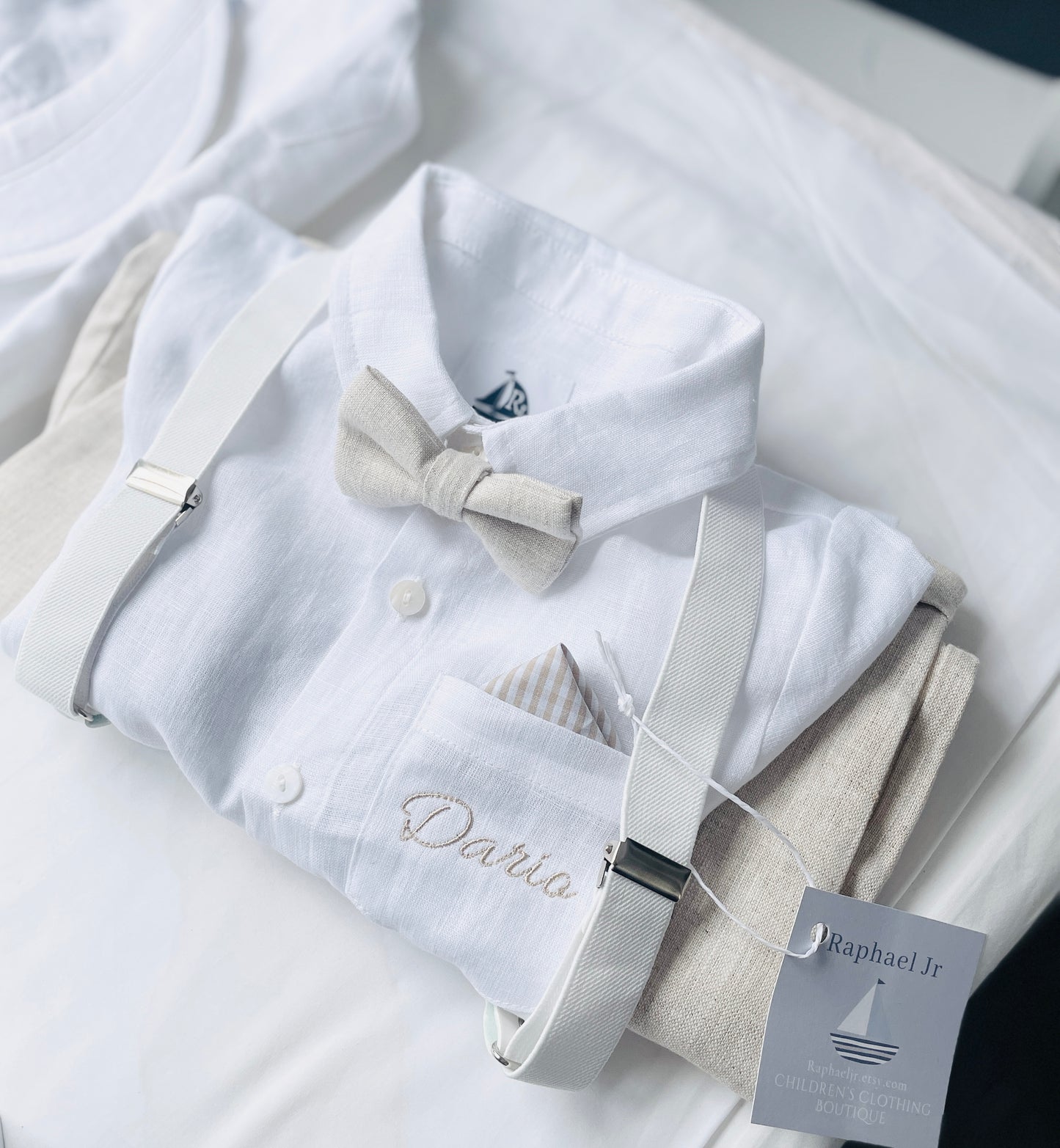 Beige linen summer set with shorts, shirt, suspenders and bow tie plus optional extras