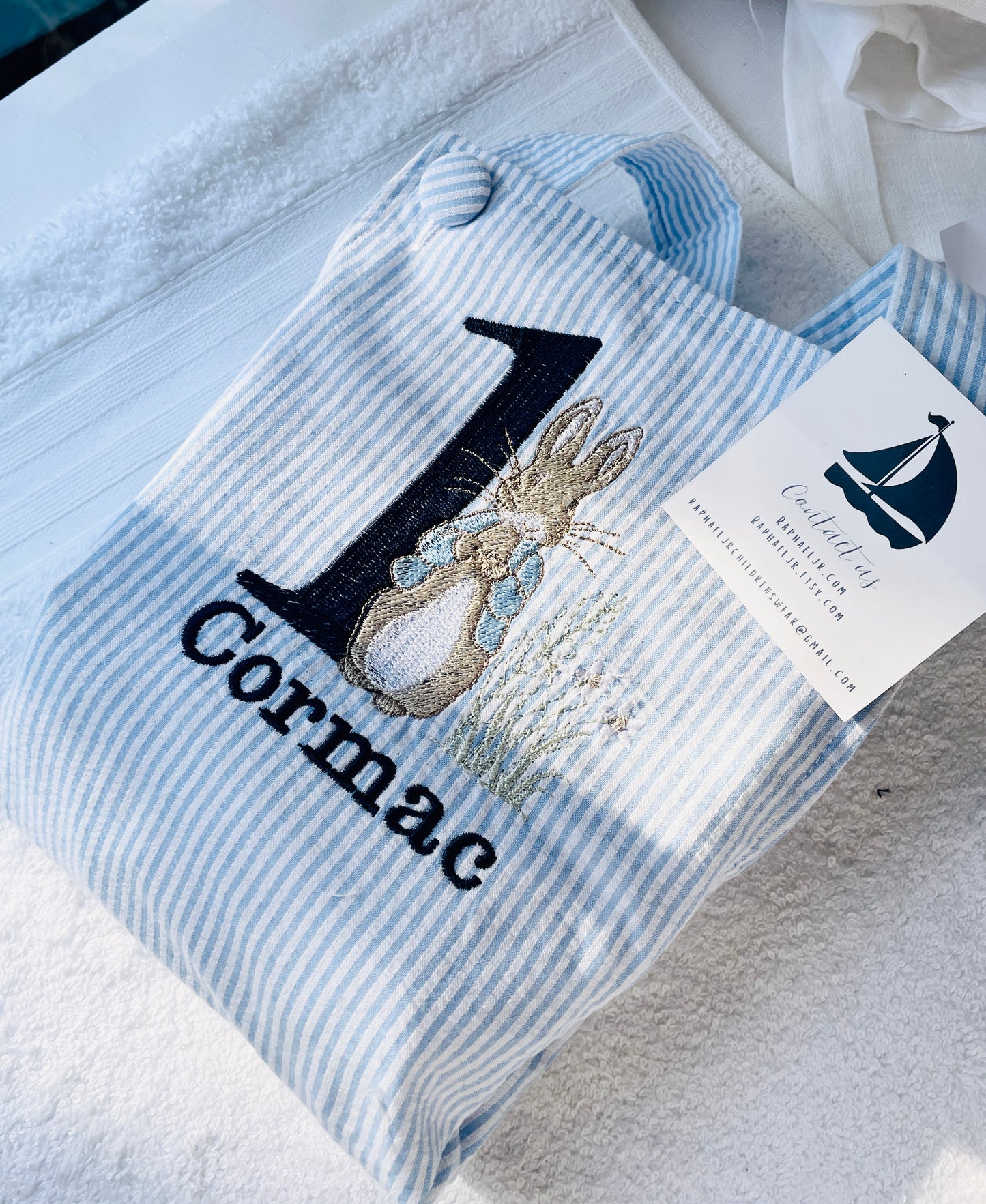 Boys Blue or white Birthday romper overalls Peter Rabbit