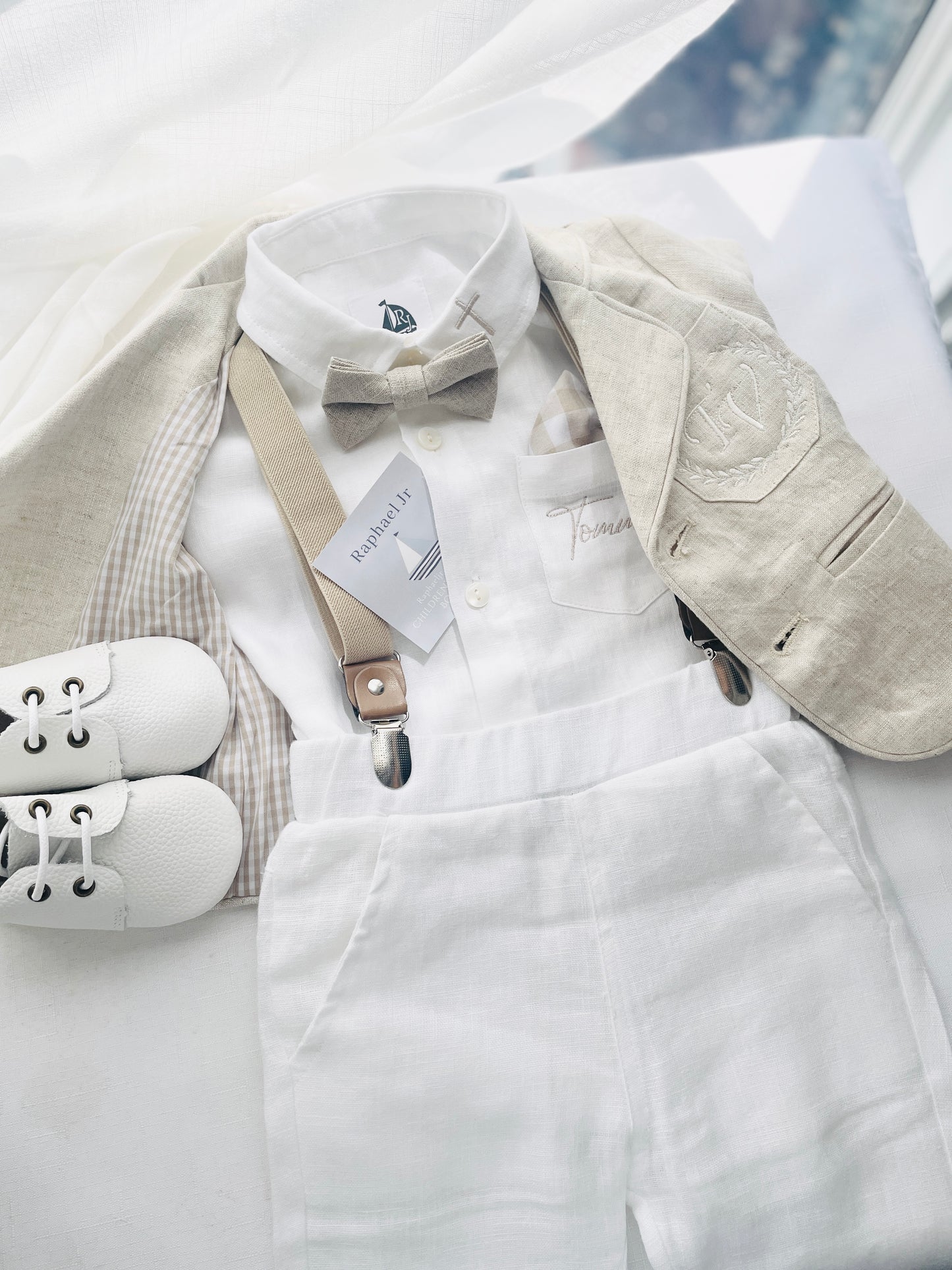 White and Beige Linen Set with optional Jacket Accessories and Embroidery Available