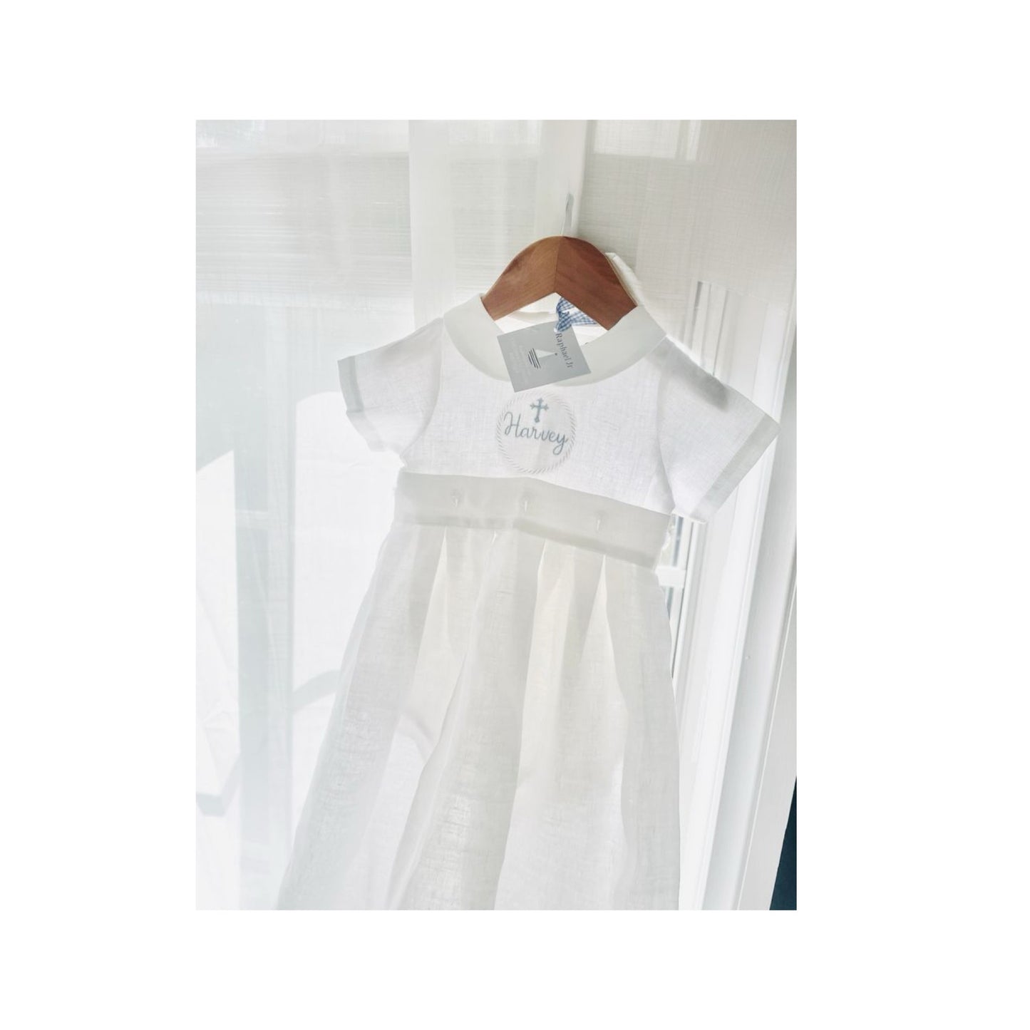 White Linen Baptism Gown romper with detachable skirt dress and optional embroidery