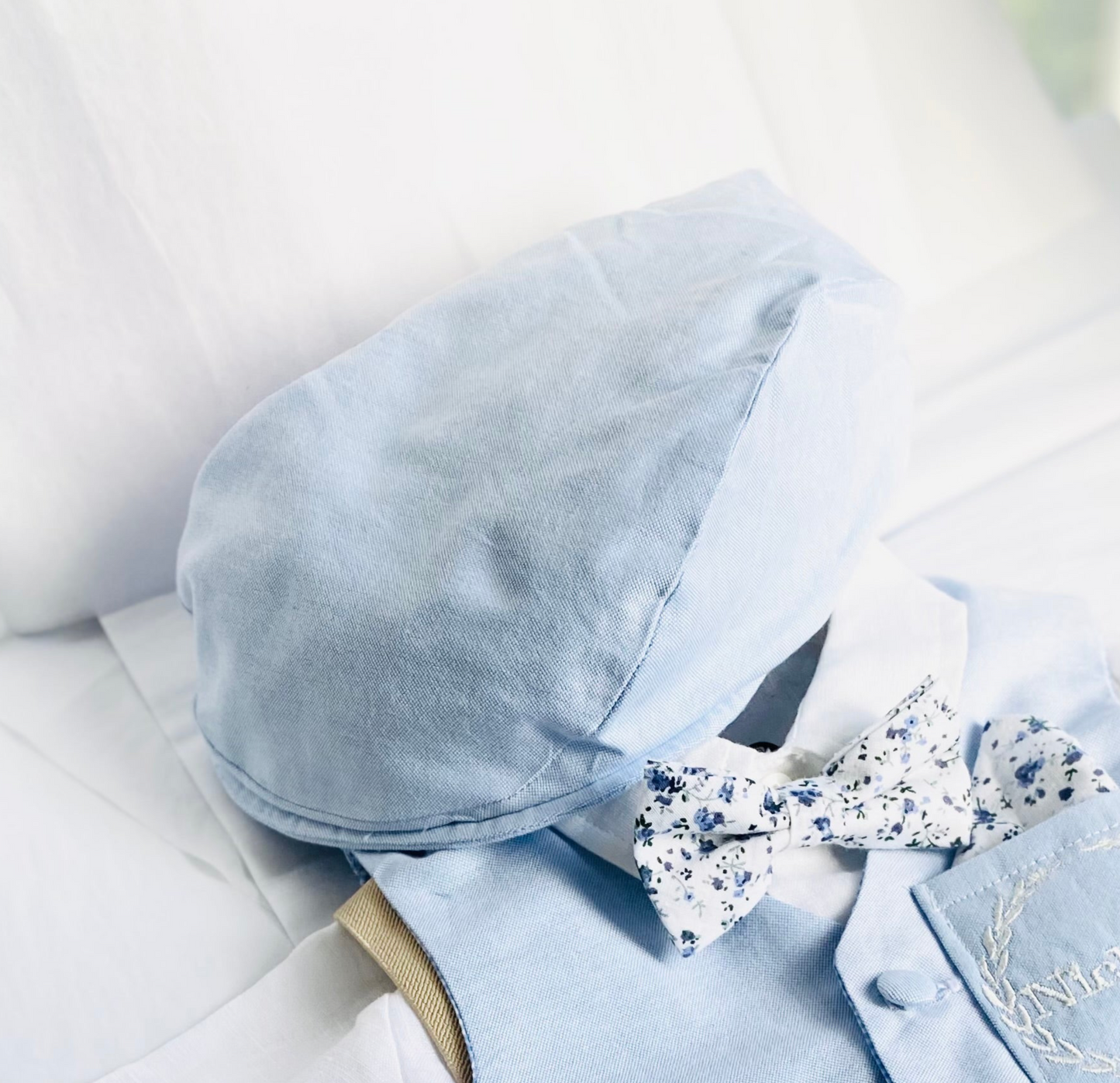 Baby and Toddler Boys pale blue and beige linen summer set with vest, shirt, shorts, suspenders and bowtie