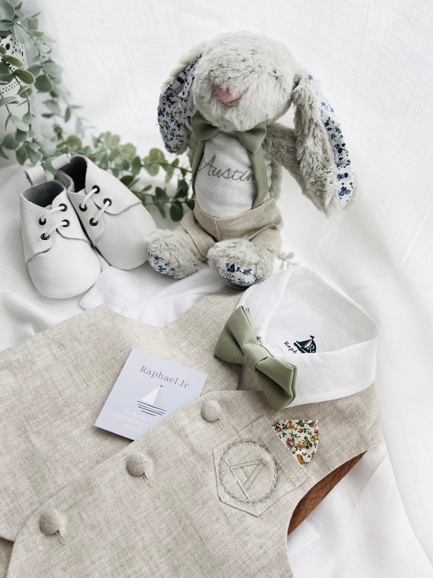 Beige linen set with vest, shirt, pants, suspenders and bowtie plus optional jacket, cap and shoes