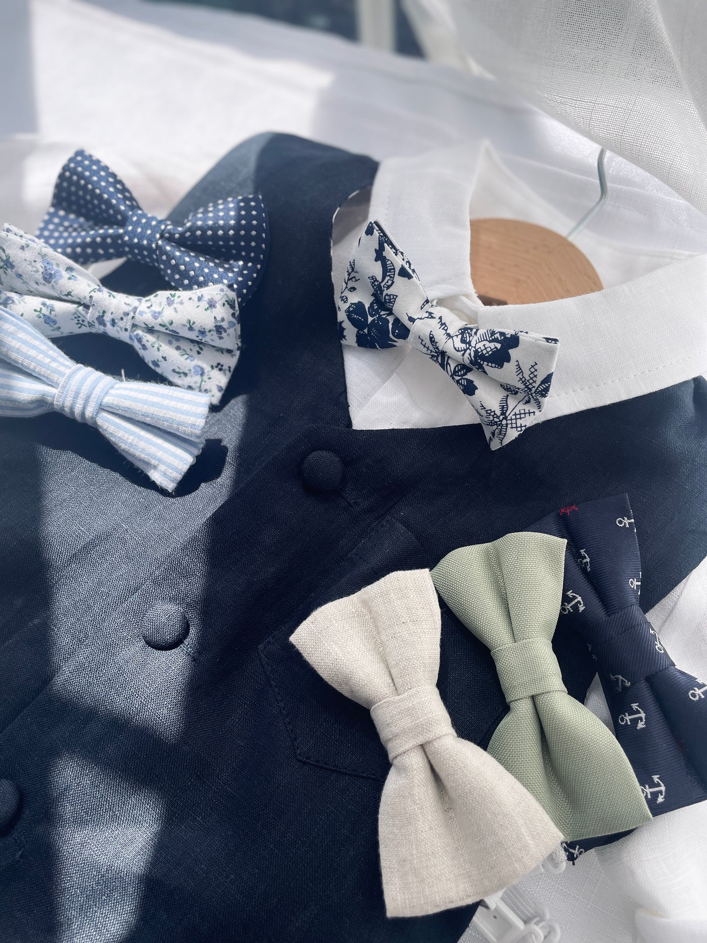 Navy blue linen suit with vest, pants, shirt, suspenders and bow tie plus optional jacket, embroidery, shoes and cap