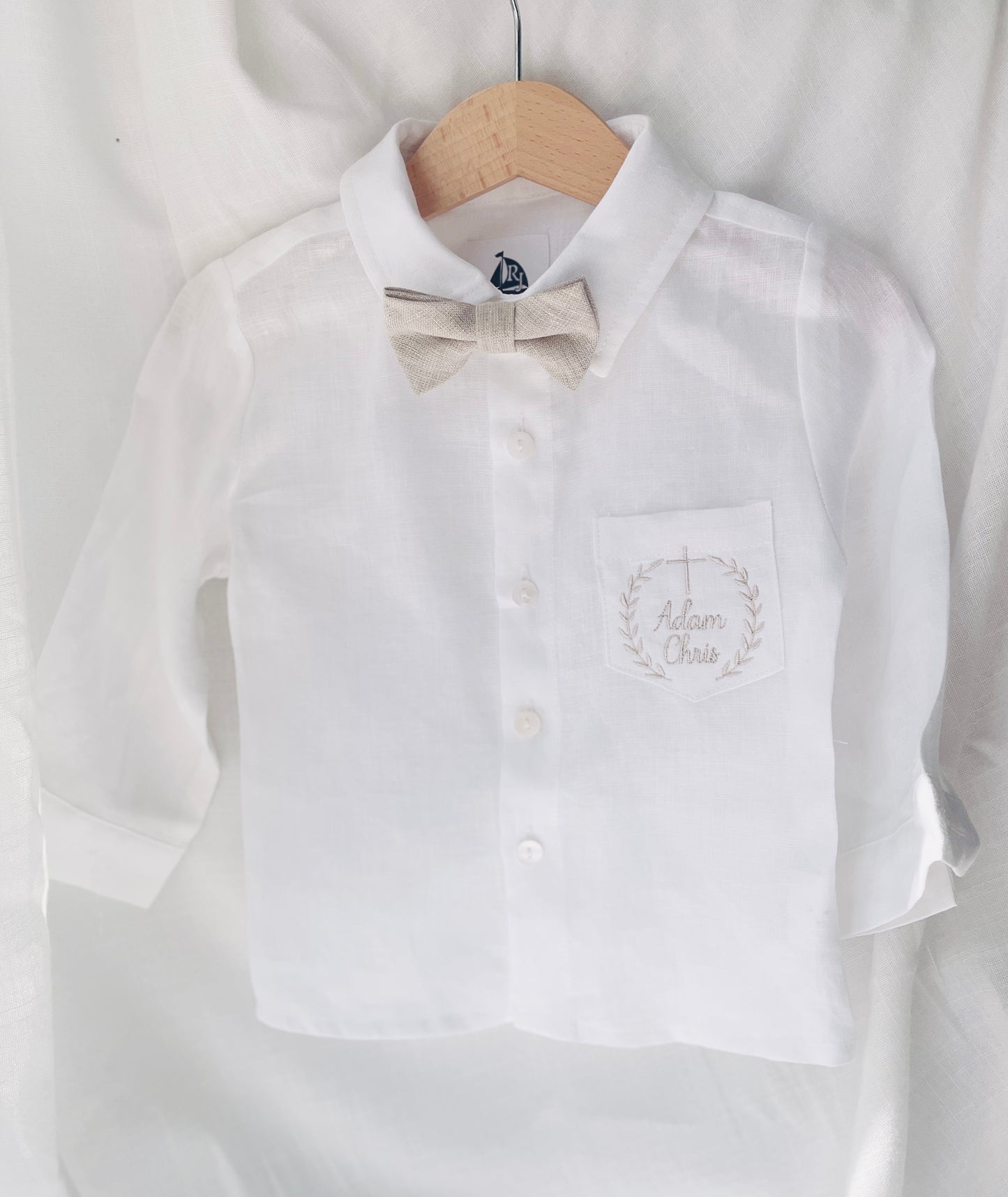 Baby and Toddler Boys white linen full length set with vest, shirt, pants, suspenders and bowtie