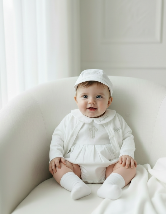 White cotton Baptism christening cardigan sweater with optional embroidery