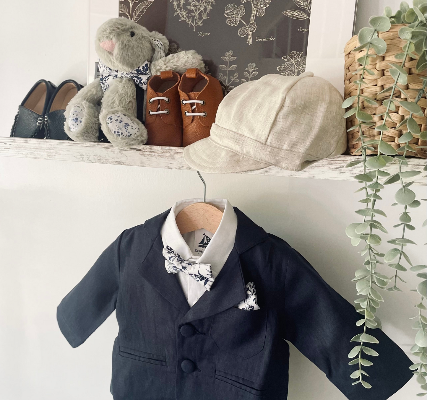 Navy blue linen suit with vest, pants, shirt, suspenders and bow tie plus optional jacket, embroidery, shoes and cap