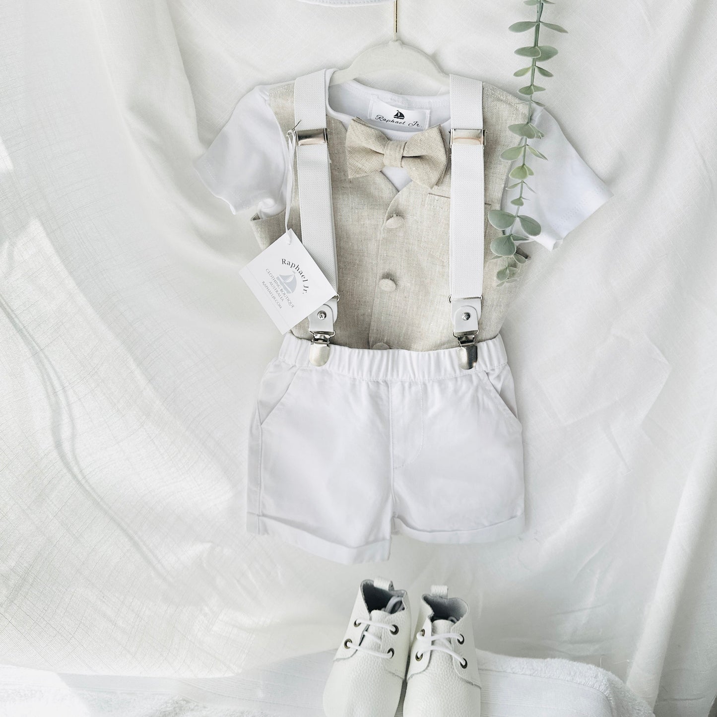 Boys white and beige cotton Baptism wedding set with vest onesie, shorts, suspenders and bow tie