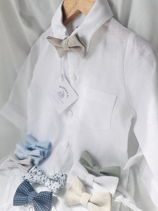 White shirt with various bow ties on a white background