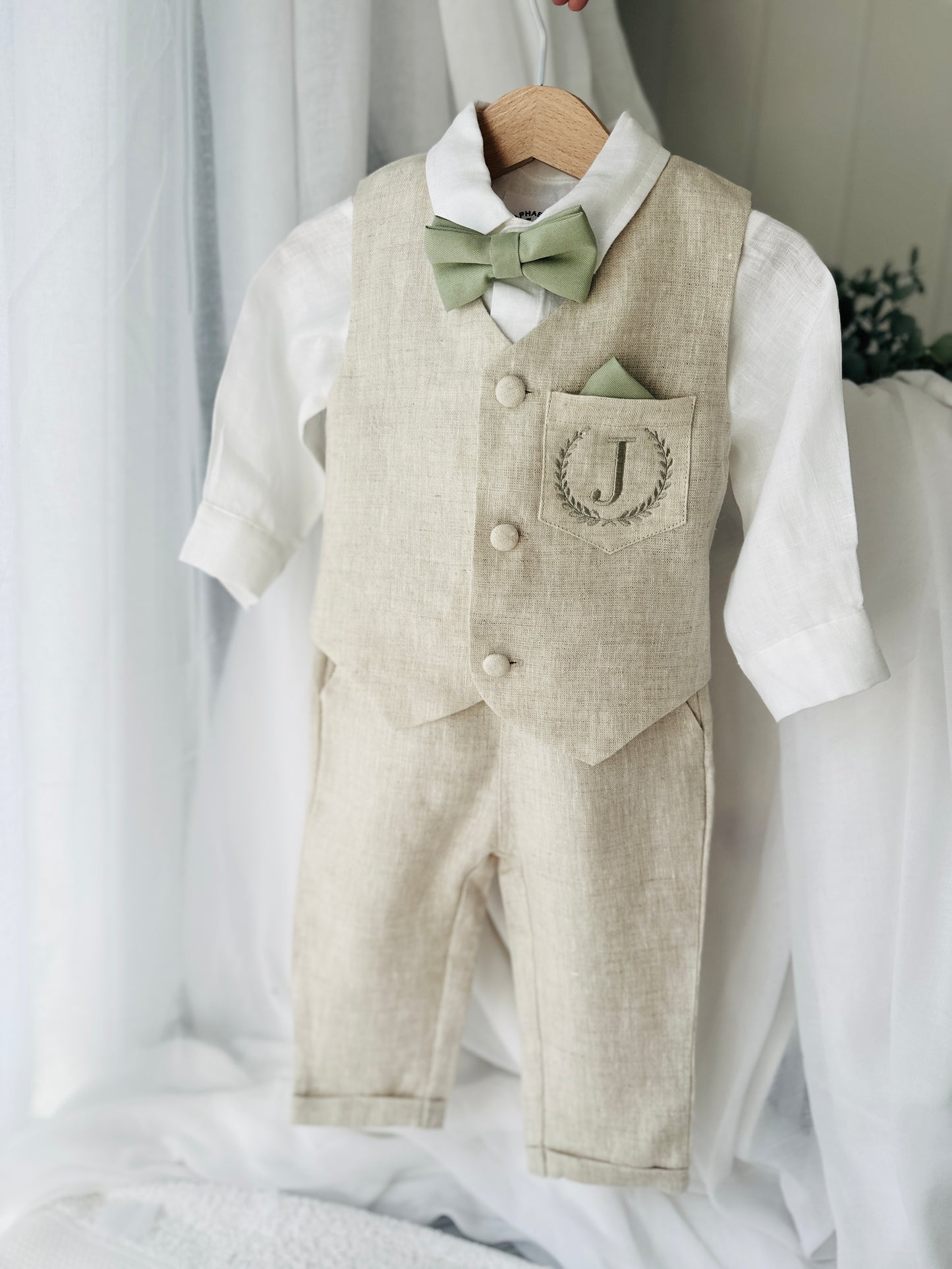 Beige Linen vest suit, shirt, pants, suspenders and bowtie plus optional jacket, cap and shoes