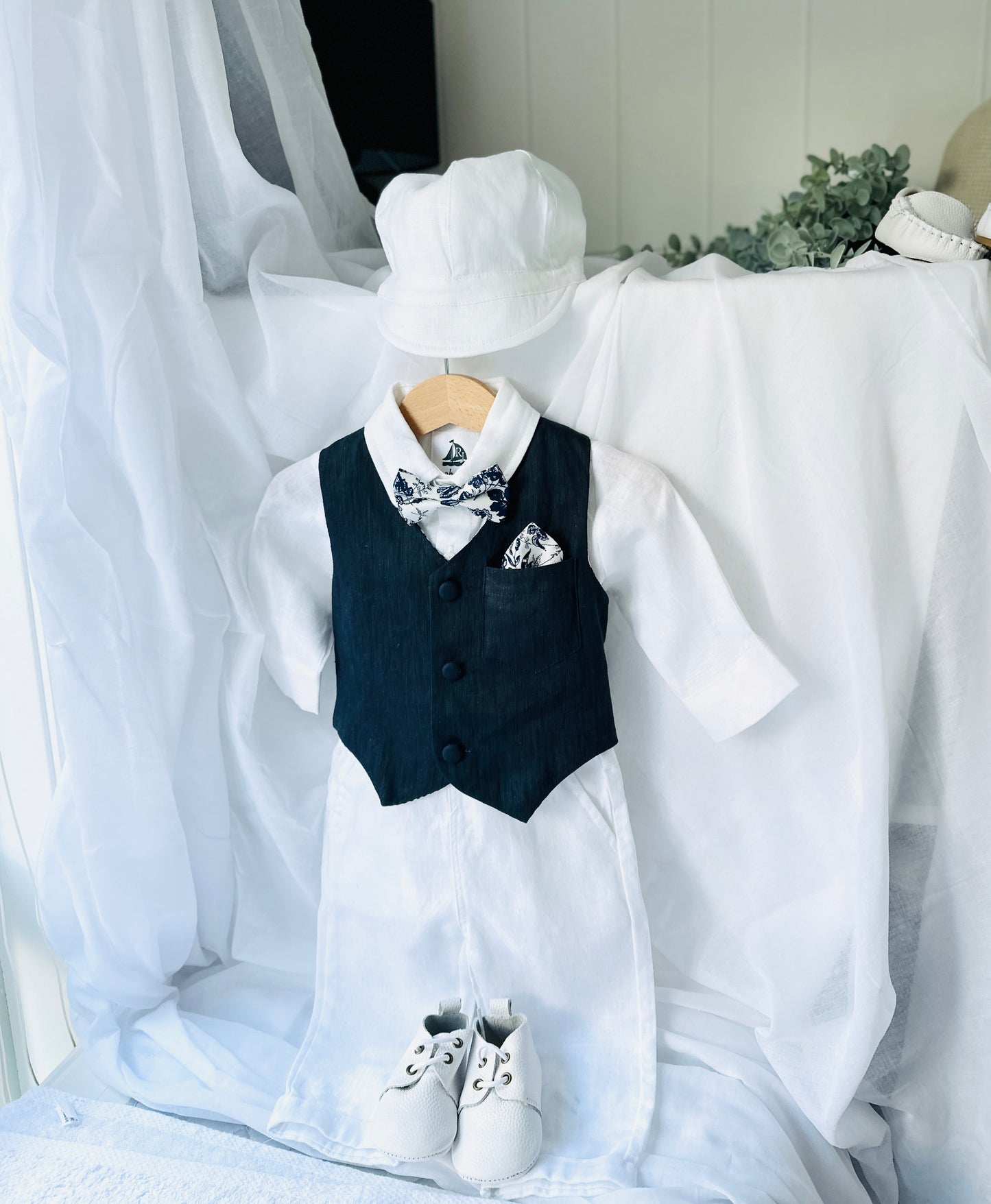 Boys Navy blue vest with white linen suit set