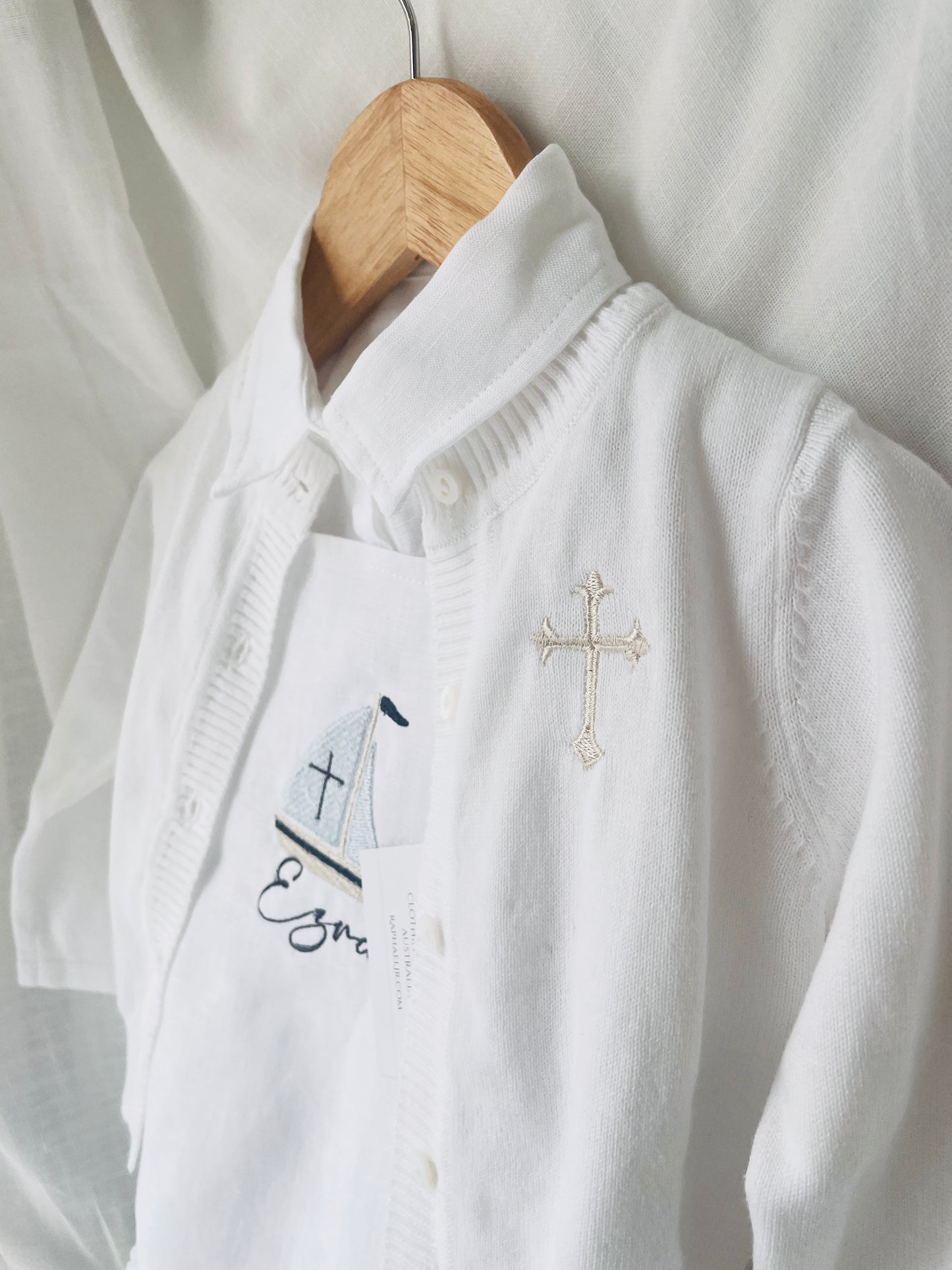 White linen Baptism romper overalls and linen shirt set