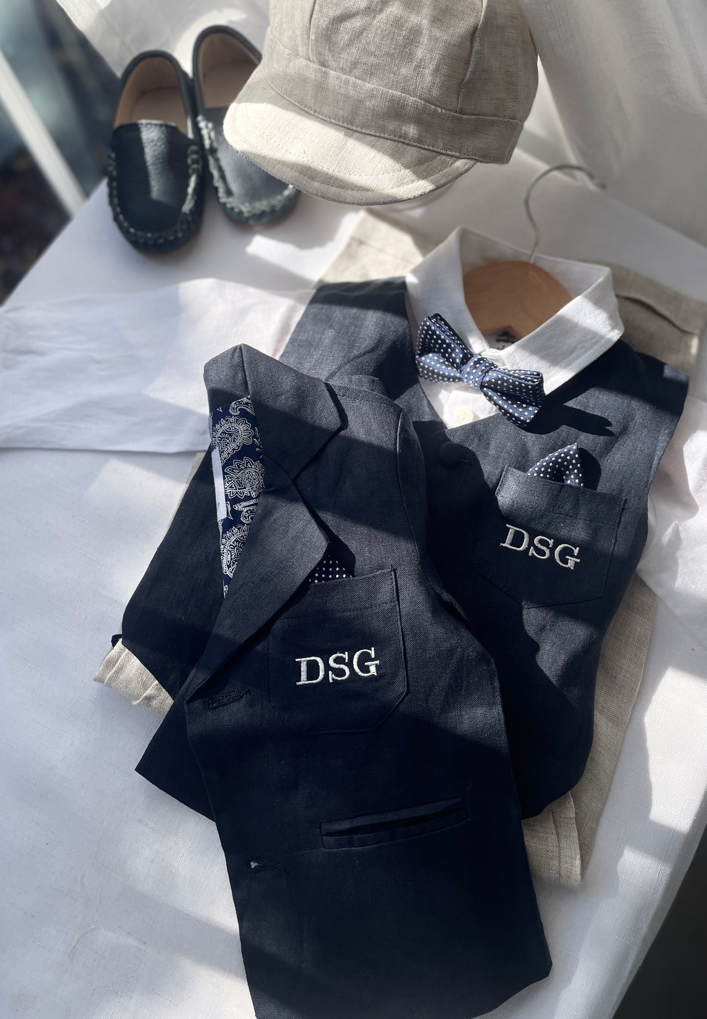 Navy blue linen suit with vest, pants, shirt, suspenders and bow tie plus optional jacket, embroidery, shoes and cap