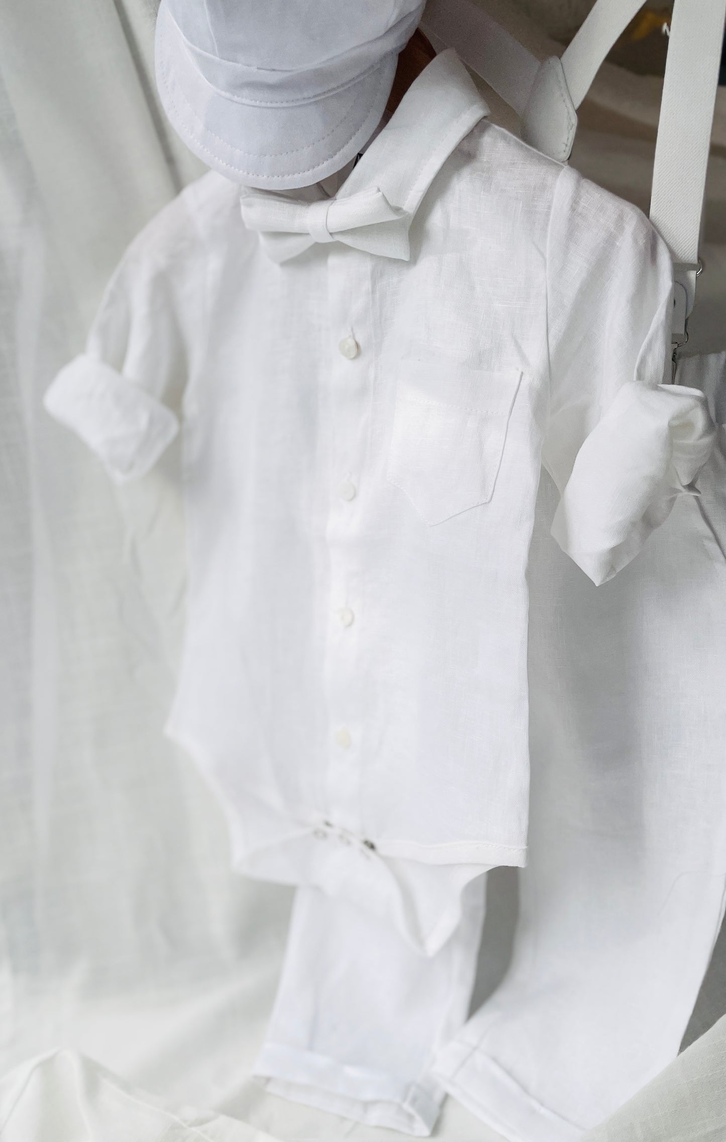 White linen Baptism Suit set with Accessories and optional Embroidery