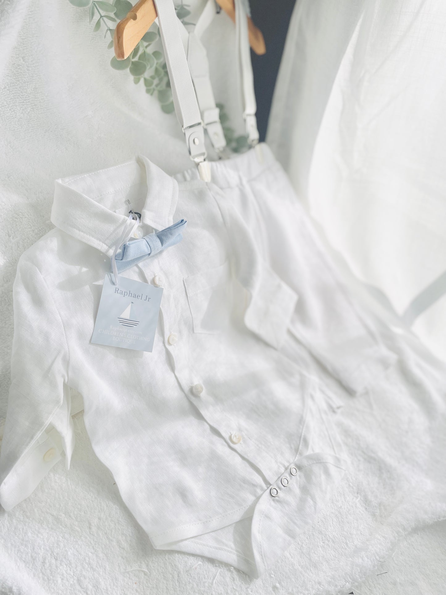White linen Baptism suit set with pants, shirt, suspenders and bowtie plus optional extras
