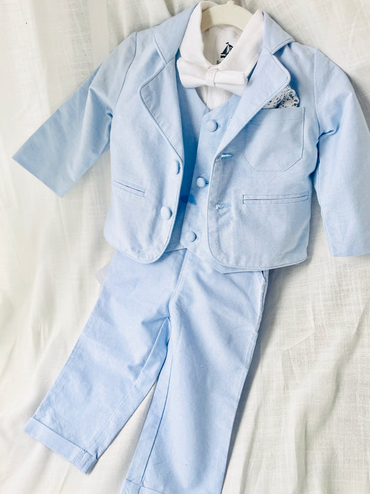 Baby and toddler boys pale blue chambray suit with blue vest, pants and jacket