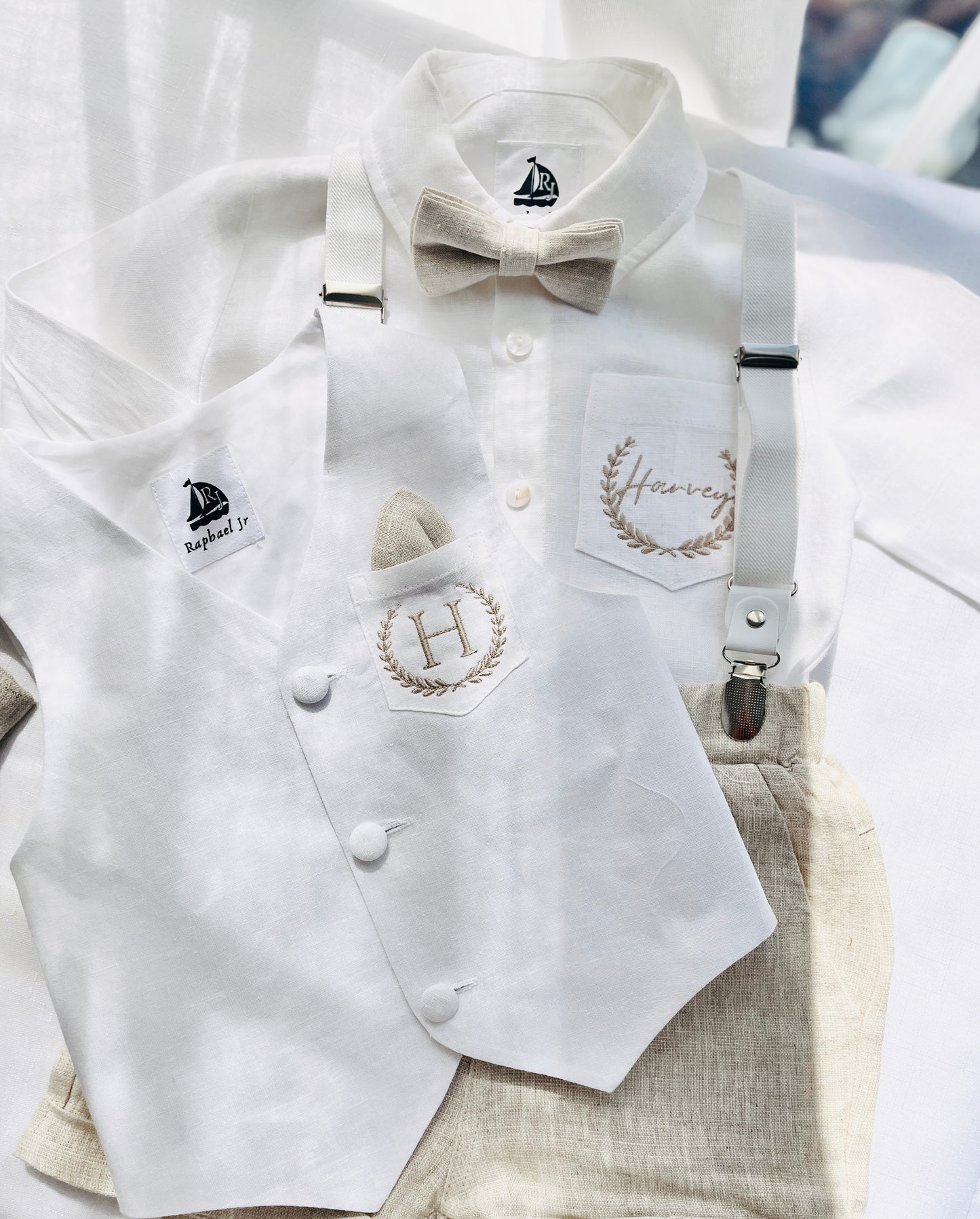 Boys white and beige linen set with vest, shirt, shorts, suspenders and bowtie