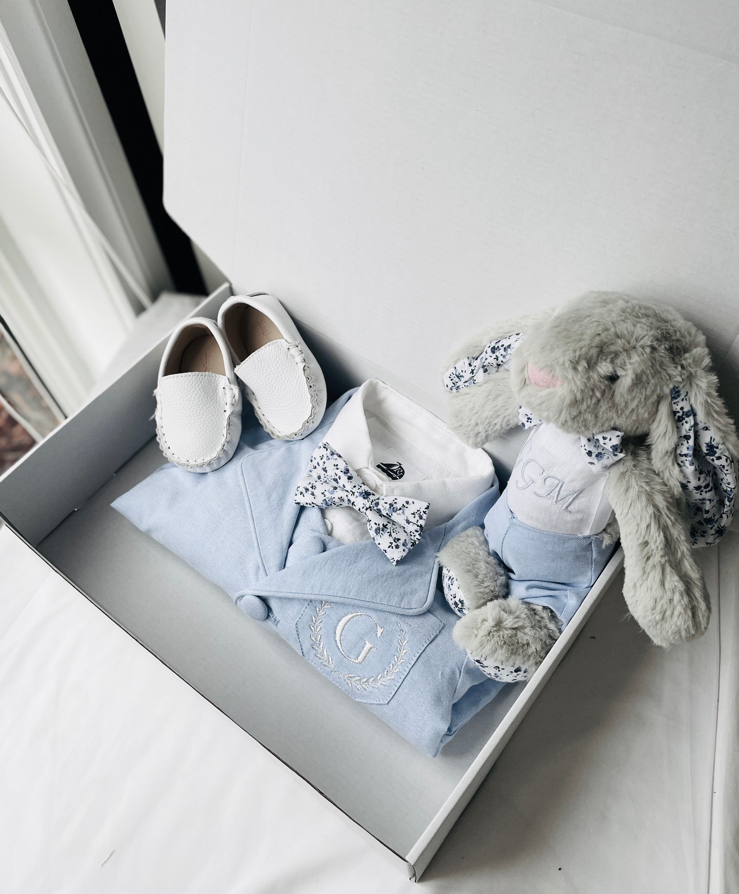 Baby and toddler boys pale blue chambray suit with blue vest, pants and jacket