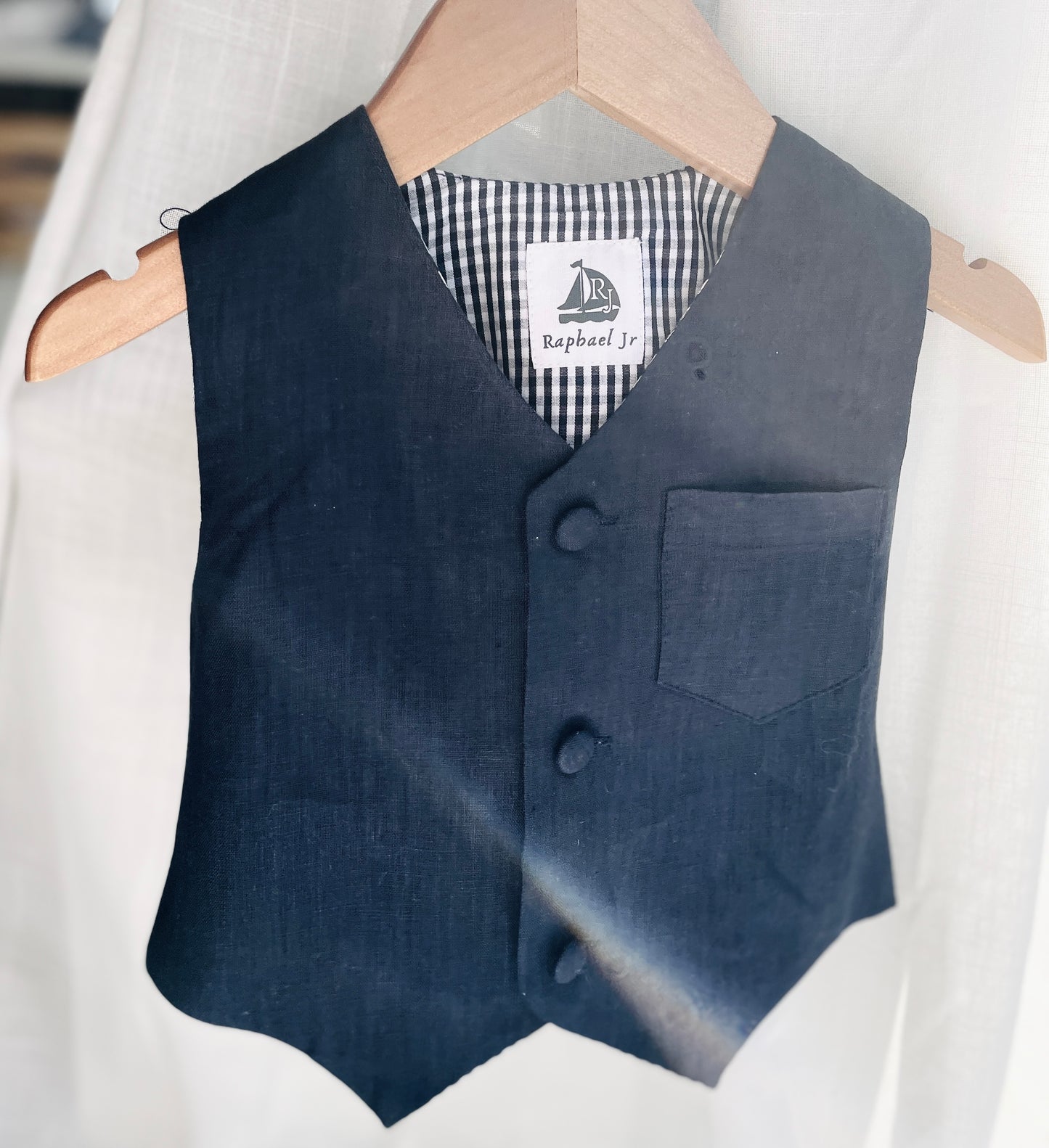 Navy blue linen summer set with vest, shorts, shirt, suspenders and bow tie plus optional jacket, embroidery, shoes and cap