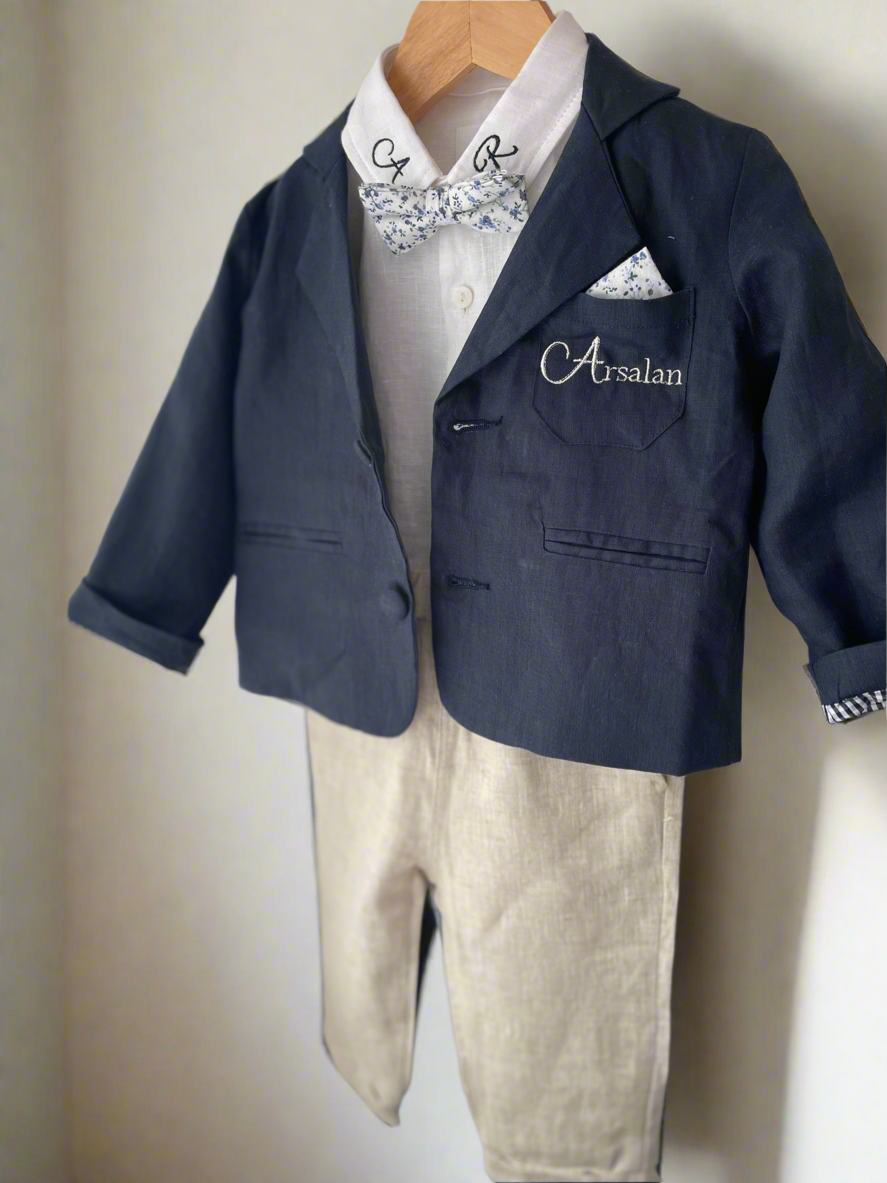 Navy blue and beige formal baptism or wedding suit with accessories and optional personalisation