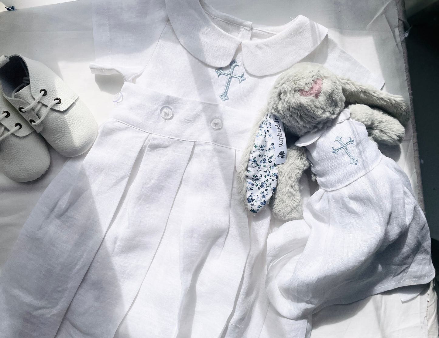 White Linen Baptism Gown romper with detachable skirt dress and optional embroidery
