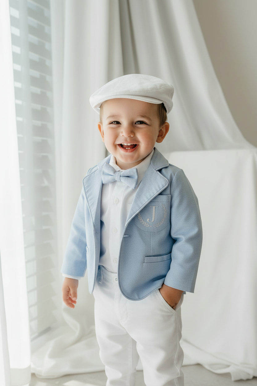 Boys pale blue and white set with vest, pants, linen shirt, bowtie and suspenders, plus optional jacket cap and shoes
