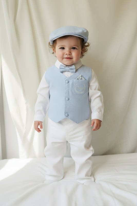 Pale blue vest suit with white pants and blue vest