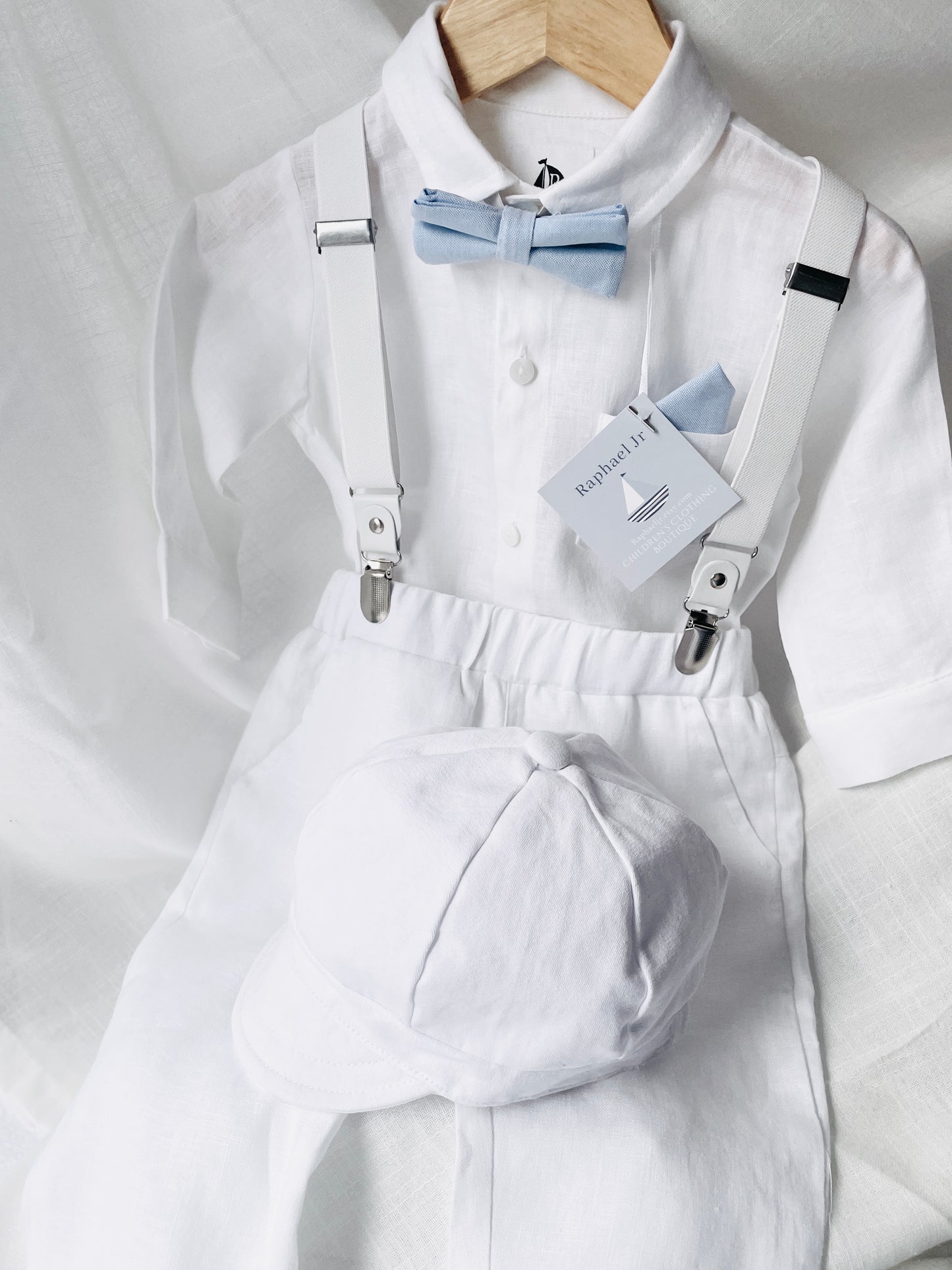 White linen Baptism Suit set with Accessories and optional Embroidery