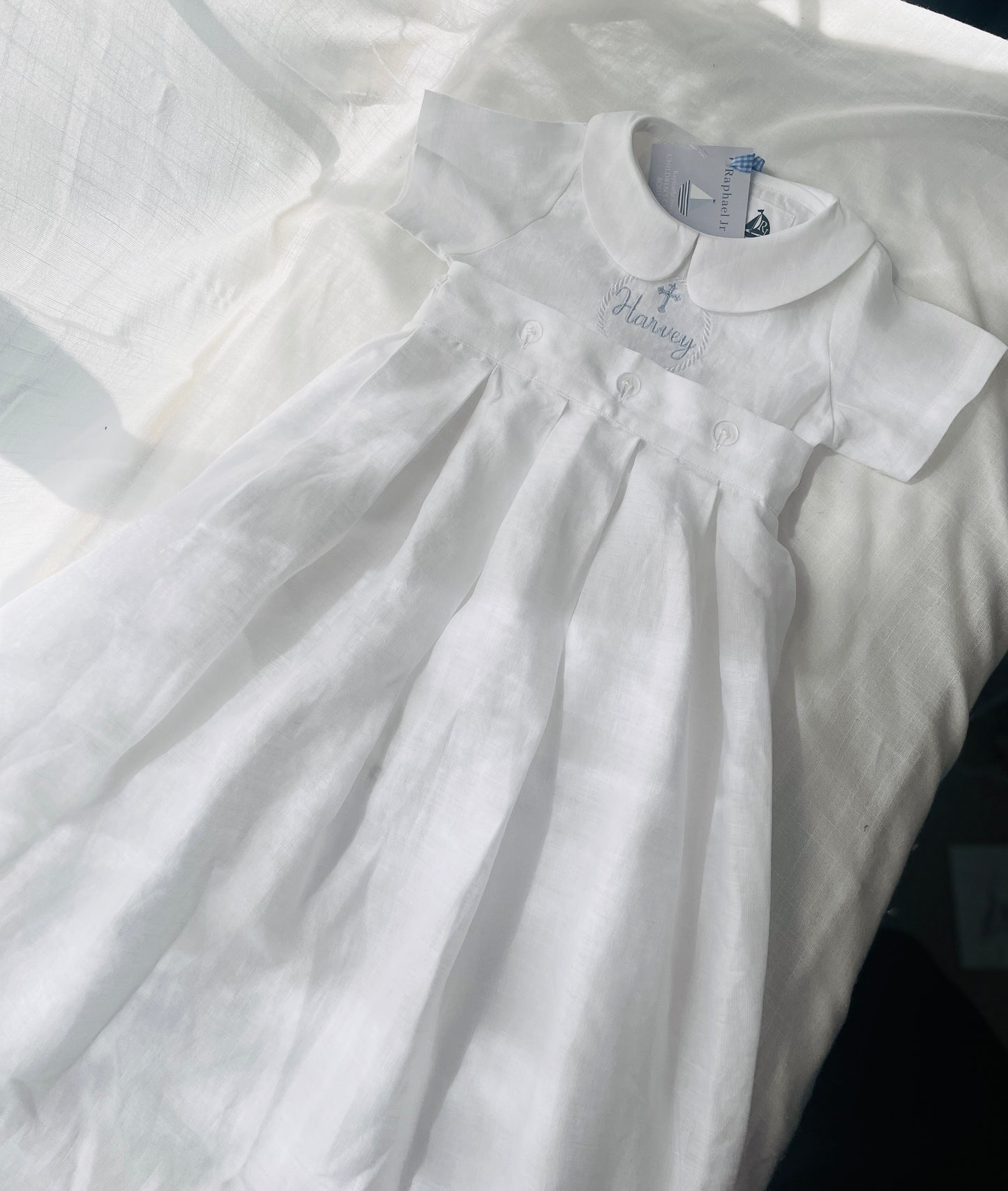 White Linen Baptism Gown romper with detachable skirt dress and optional embroidery