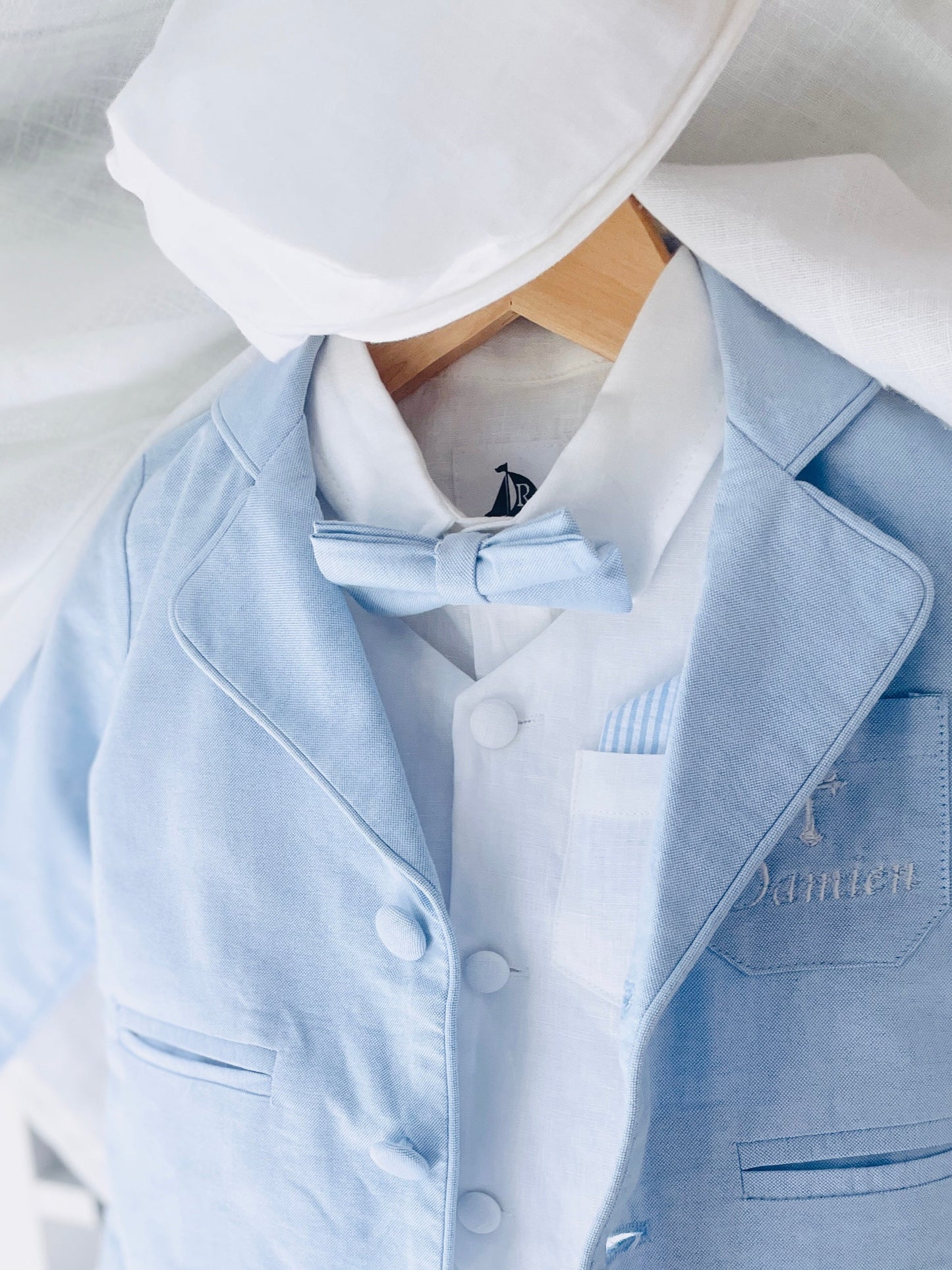 Baby and Toddler Boys white linen full length set with vest, shirt, pants, suspenders and bowtie plus optional blue blazer