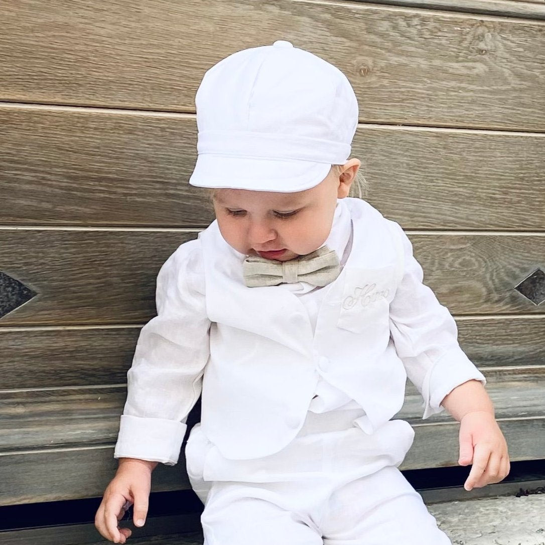 Baby and Toddler Boys white linen full length set with vest, shirt, pants, suspenders and bowtie plus optional blue blazer