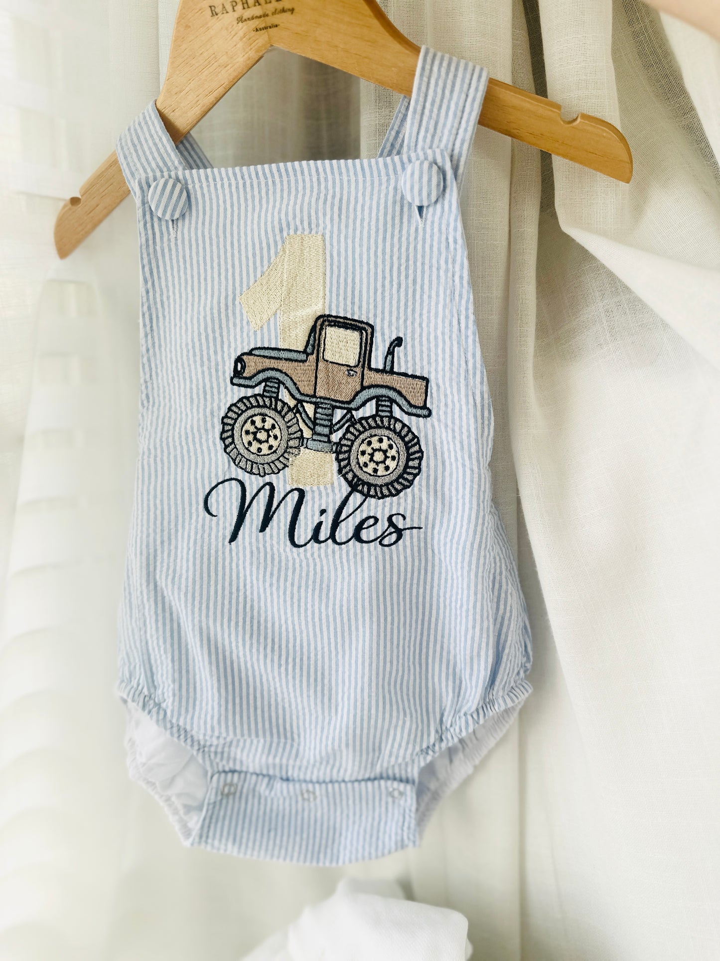 Boys Blue Seersucker teddy bear First Birthday romper