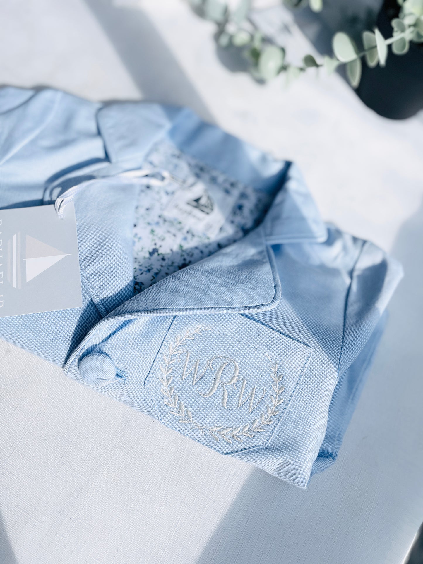 White and blue linen Baptism or Wedding Suit with Accessories and Embroidery Available