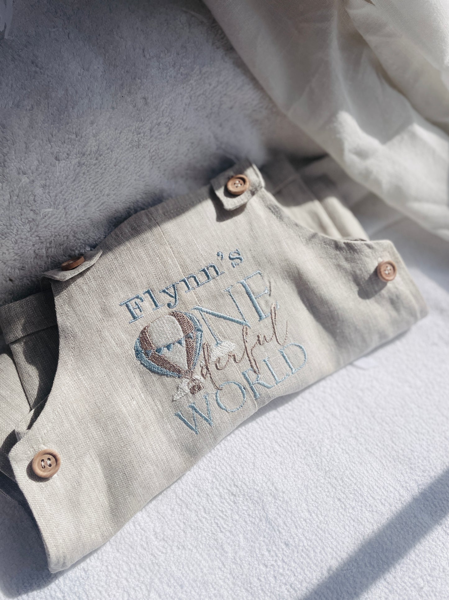 Boys Beige Linen Birthday overalls romper dungarees safari balloon fast car wild sea themes