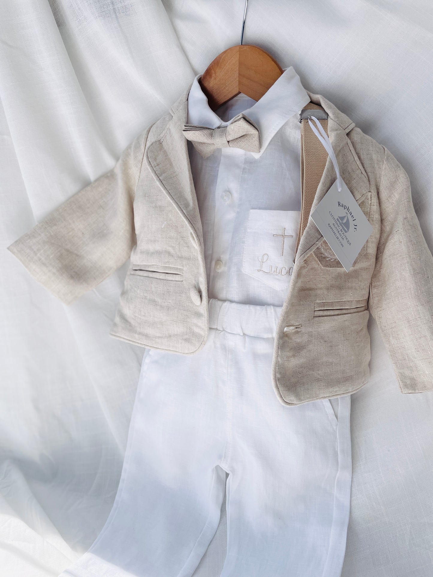 White and Beige Linen Set with optional Jacket Accessories and Embroidery Available