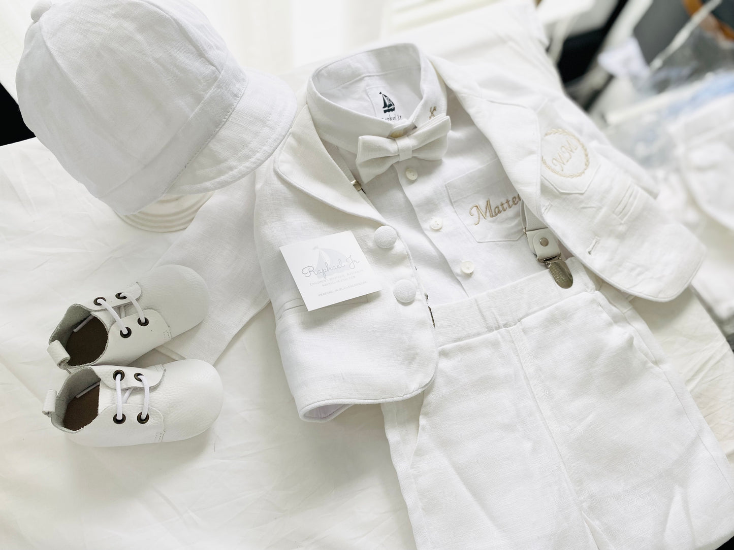 Baby and Toddler Boys white linen summer set with vest, shirt, shorts, suspenders and bowtie