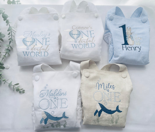 Boys Beige Linen First Birthday romper overalls wild one safari