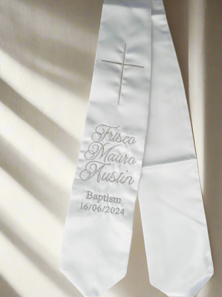 White satin children's sash stole for Baptisms 60in long