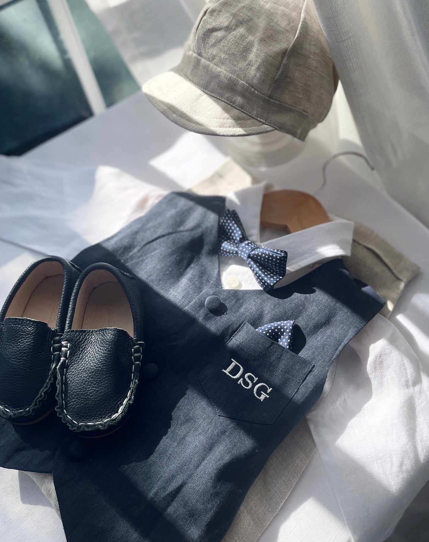 Navy blue linen suit with vest, pants, shirt, suspenders and bow tie plus optional jacket, embroidery, shoes and cap