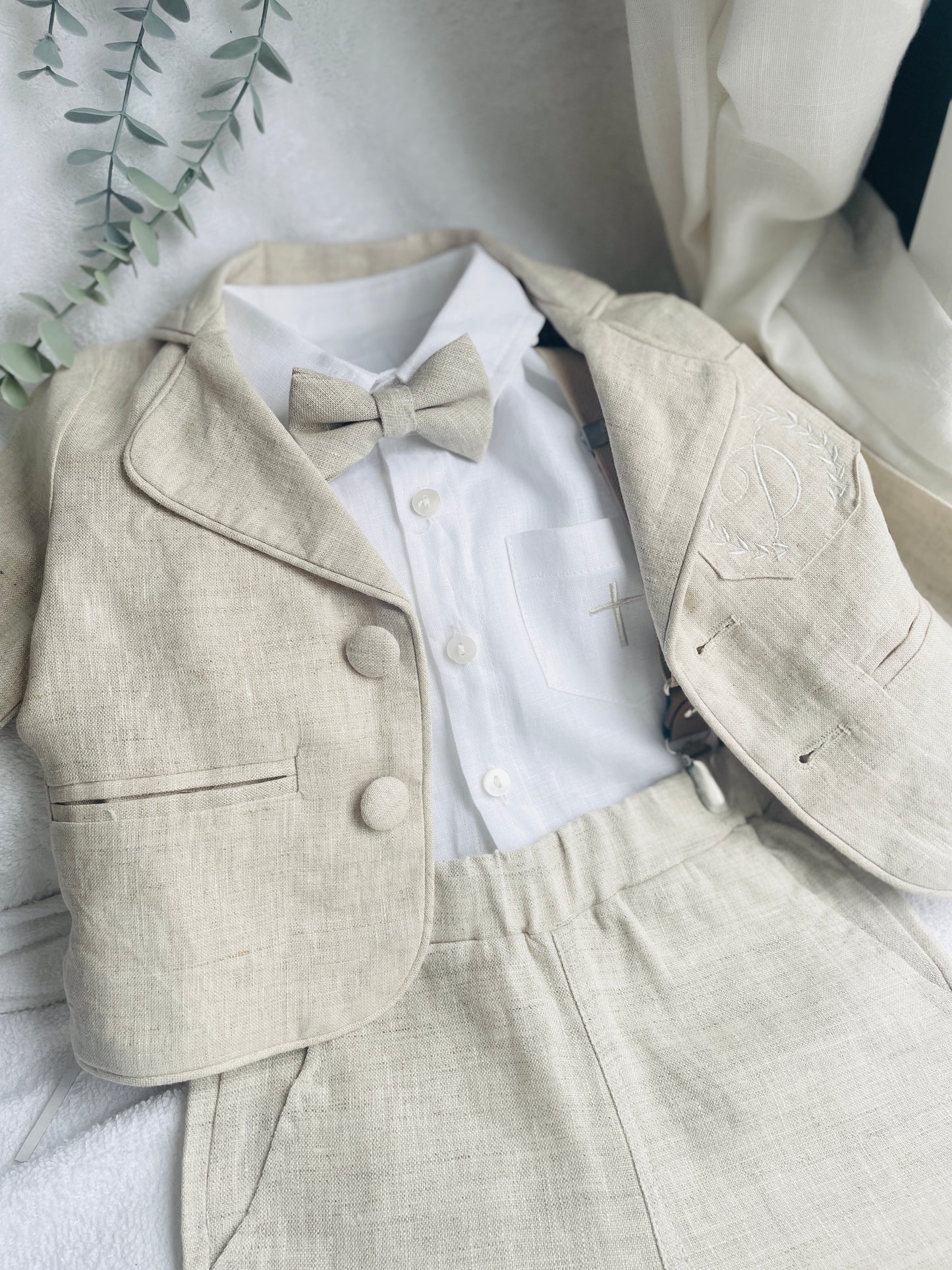 Baby and toddler boys beige linen full suit