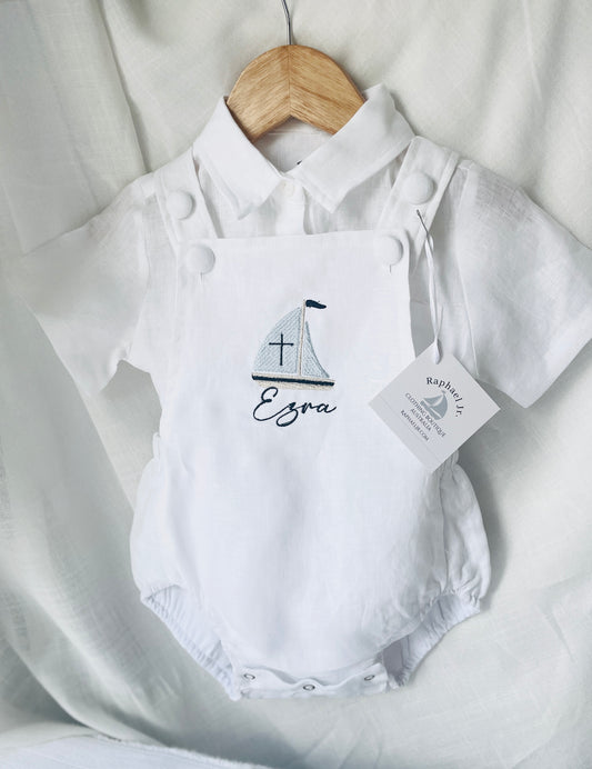 White linen Baptism romper overalls and linen shirt set