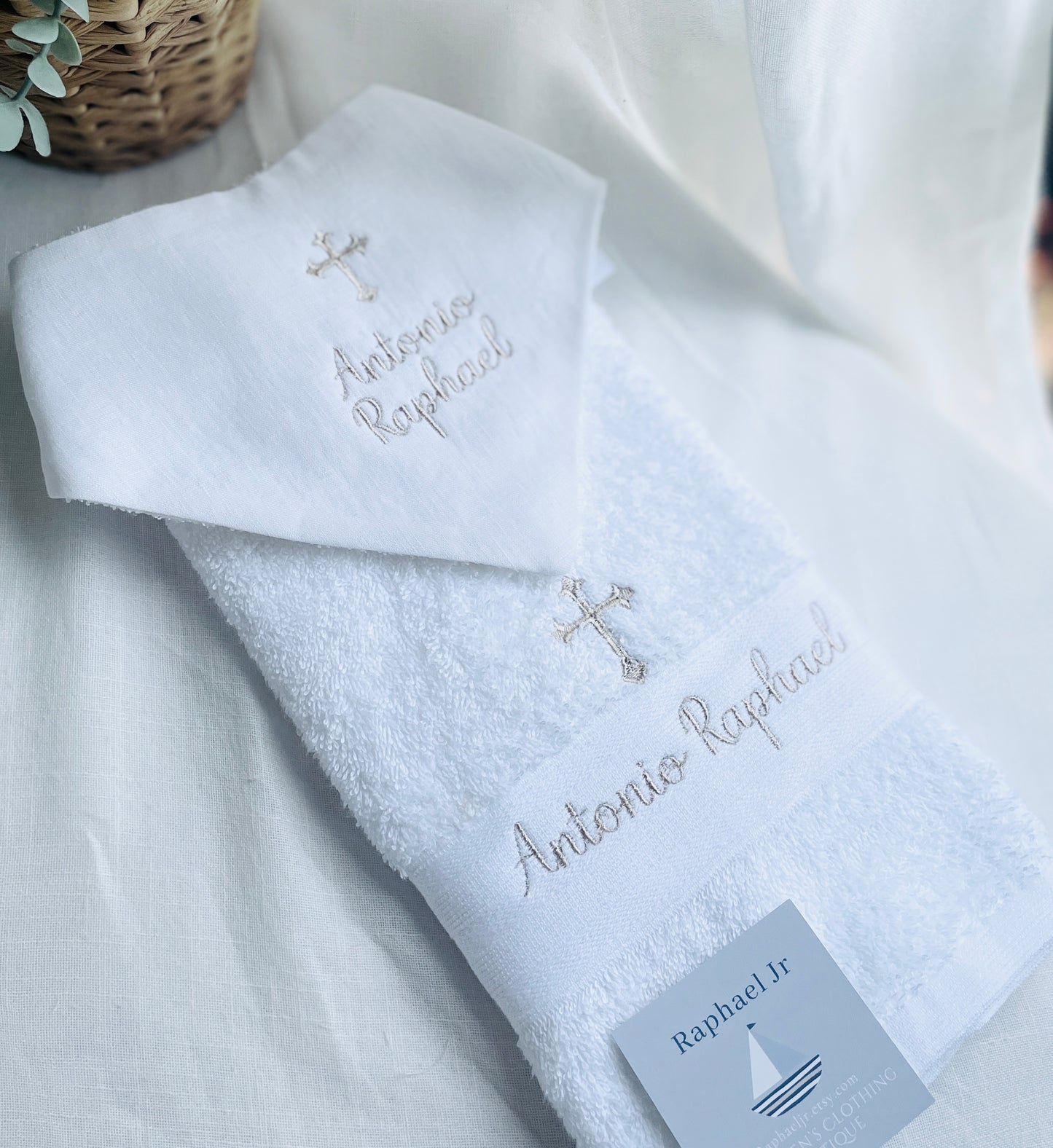 Personalised baptism christening hand towel with embroidery and optional bib