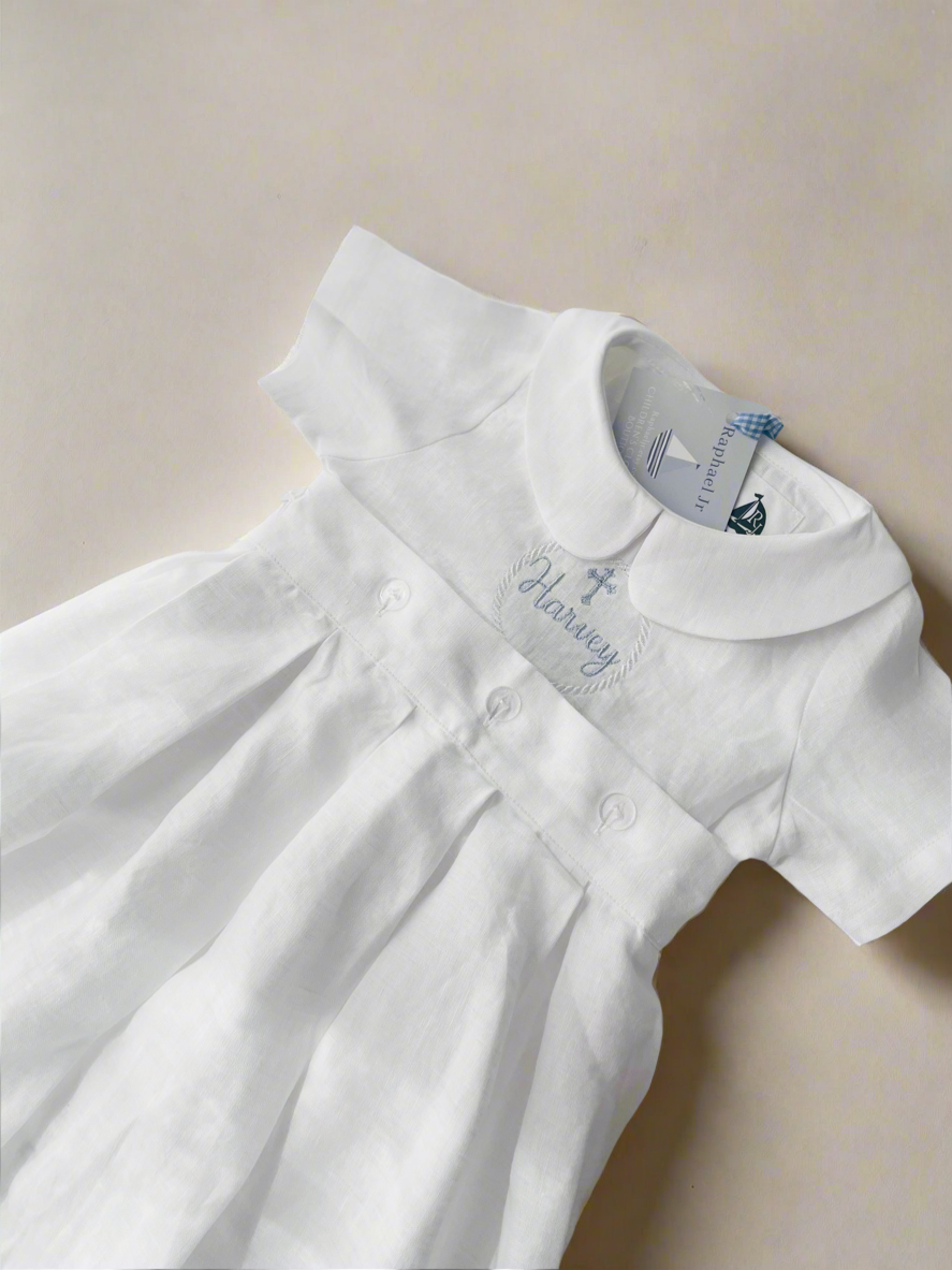 White Linen Baptism Gown romper with detachable skirt dress and optional embroidery